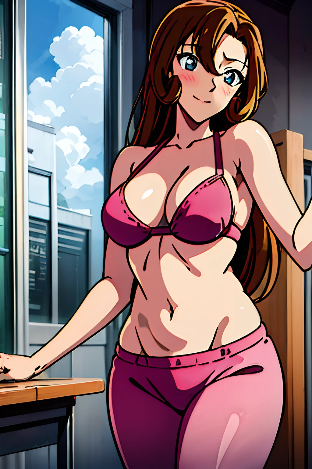 ((masterpiece)),((best quality)),ultra-detailed,illustration,1girl, solo, brown hair, long hair, flower, pants, midriff, crop top, breasts, looking at viewer, cleavage, window, brown eyes, indoors, navel, medium breasts, bikini top, head tilt, knee up, closed mouth, bare shoulders, grey eyes, cloud, bangs, ,Beautiful body, Beautiful Nose, Beautiful character design, perfect eyes, perfect face, alluring, wallpaper, perfect lighting, Colorful, ultra highres,4K,photography, (medium breasts:1.2),(beautiful face:1.2),(narrow waist), shiny skin, anime screencap ,from below, mature female, full body, meitantei conan, standing, ((milf)), 37 years old
