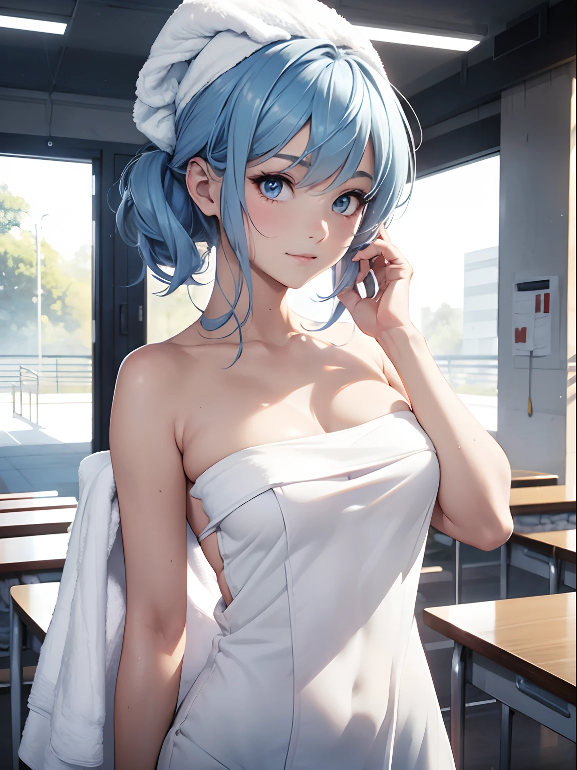 blue hairs，Shy face，cleavage，Drenched，Wet，Bigchest，chest looming，(tmasterpiece), (top-quality), (White bandeau minimalist dress:1.5), (Exposed shoulders:1.5), (Towel fabric:1.5), (Be red in the face:1.3), (barechested:1.3), (Realistic:1.5), 1Blittle girl, Precise small pointers, embarrassing looking, Smile, Very  girl, Babyear eyes, Shining eyes, shoulders are visible, Small breast, thighs visible, No pubic hair, Beautiful skins, ultra-definition, Top resolution, Golden hair, In the school building