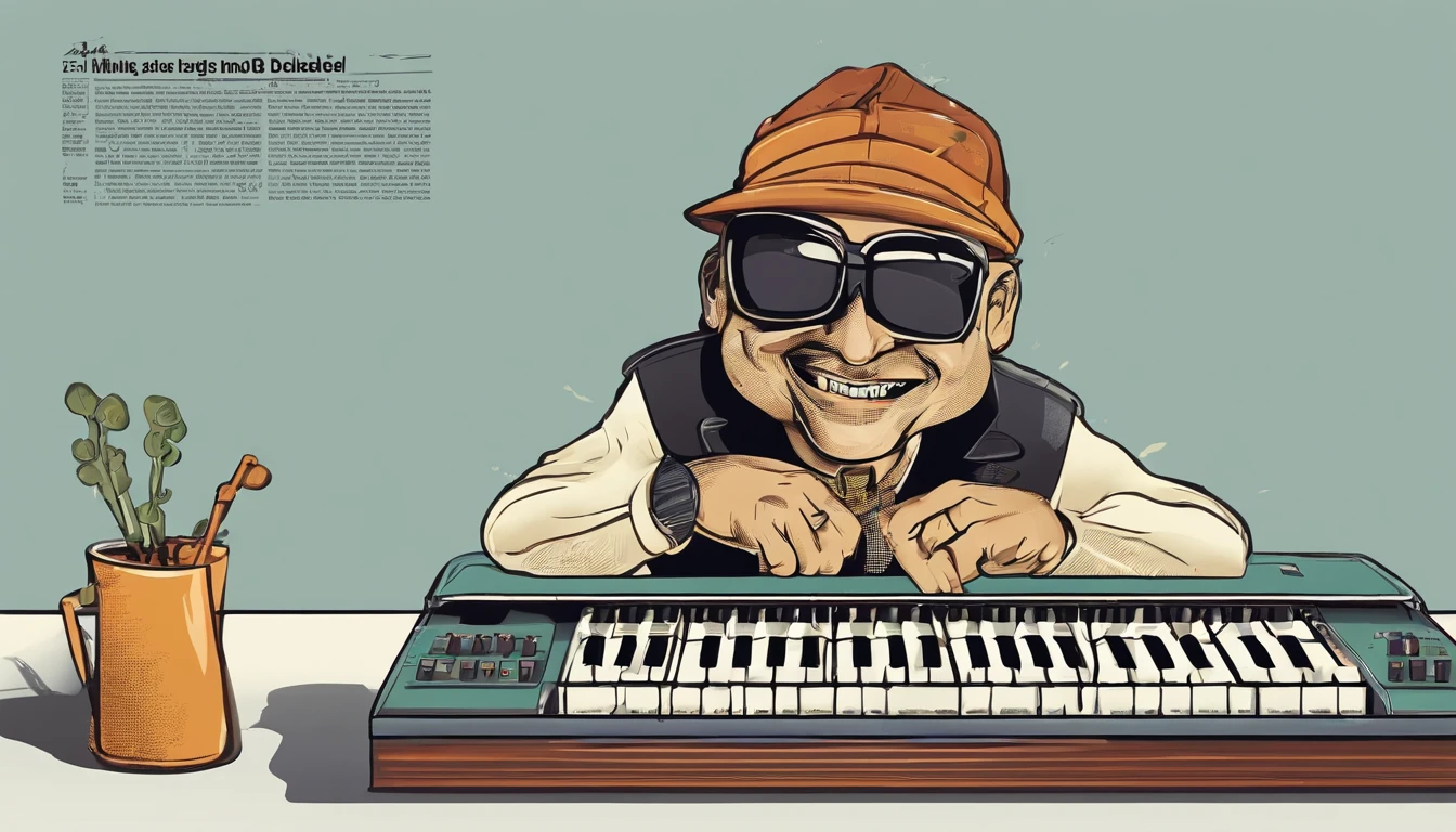 funny keyboardist, descabelado, 1960s style colors, highes definition, super detalhista