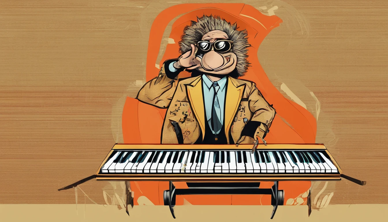 funny keyboardist, descabelado, 1960s style colors, highes definition, super detalhista