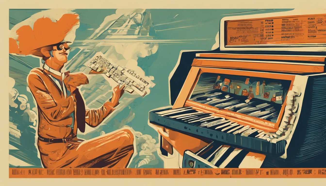 funny keyboardist, descabelado, 1960s style colors, highes definition, super detalhista