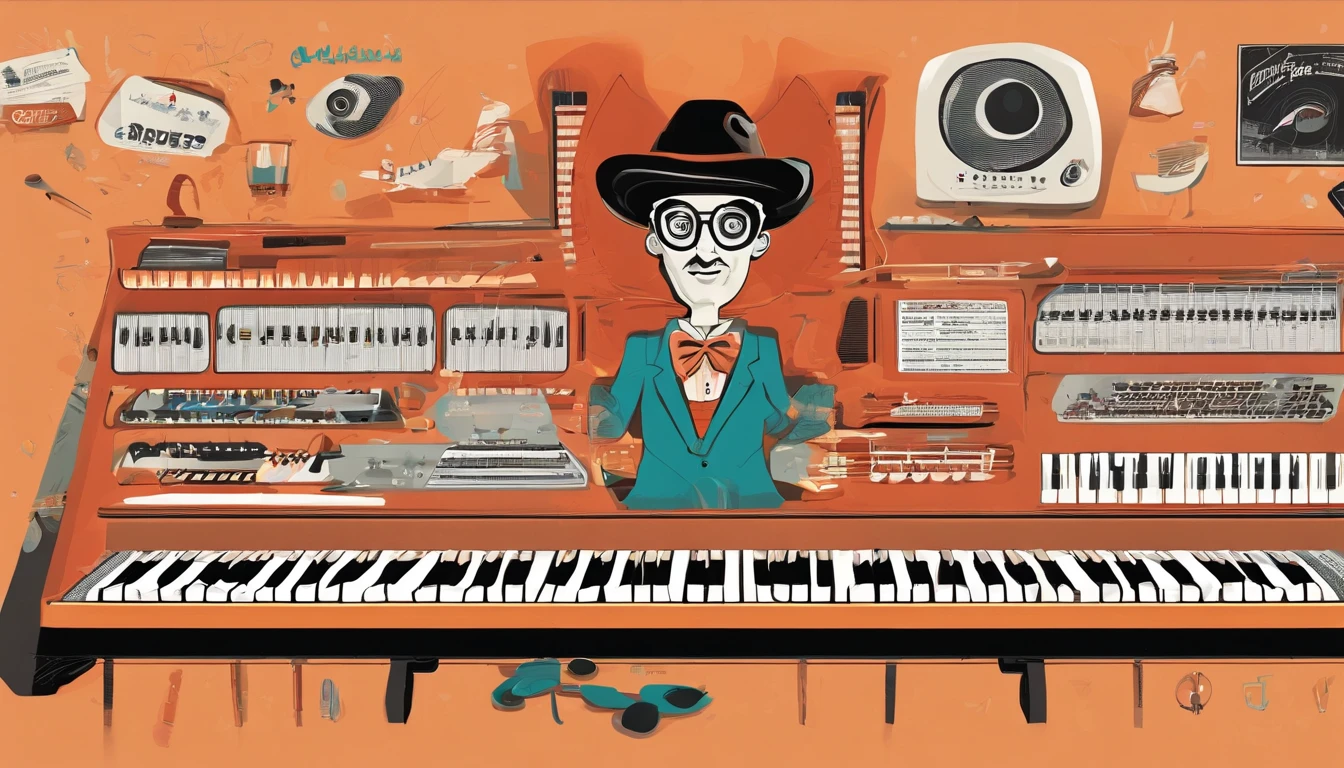 funny keyboardist, descabelado, 1960s style colors, highes definition, super detalhista