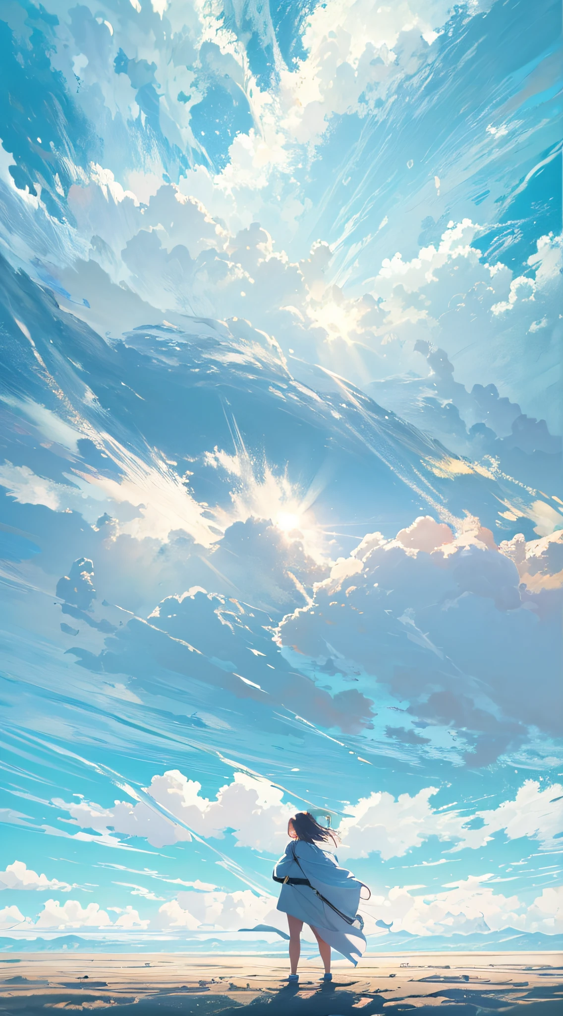 (UHD), (best quality), (masterpiece), HD, 4K, 8k, super detail, horizon, white cumulonimbus clouds, Landscape painting, blue open sky, sun
