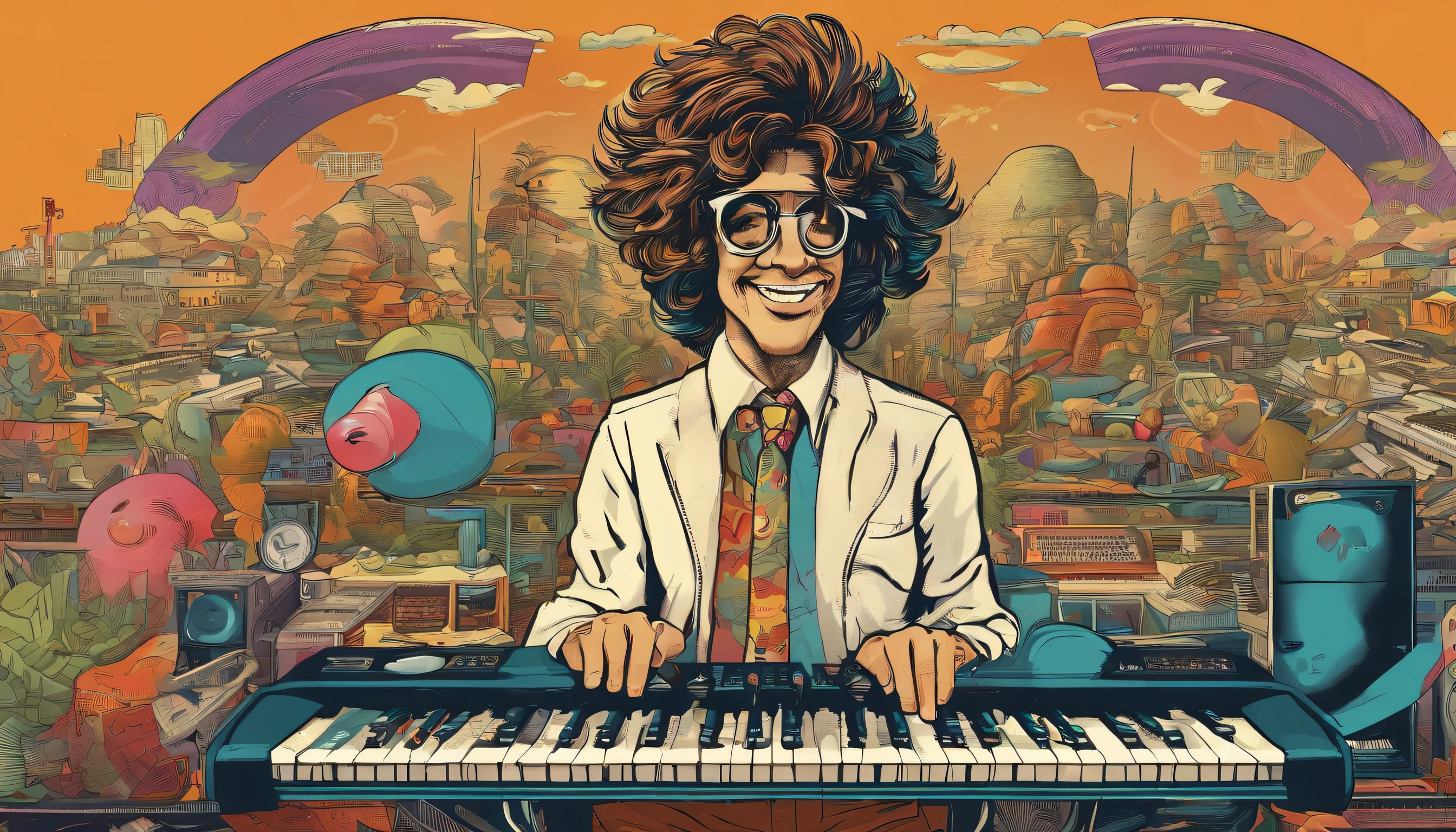 (a funny,disheveled keyboardist, 1960s-style colors, high definition, super detailed)