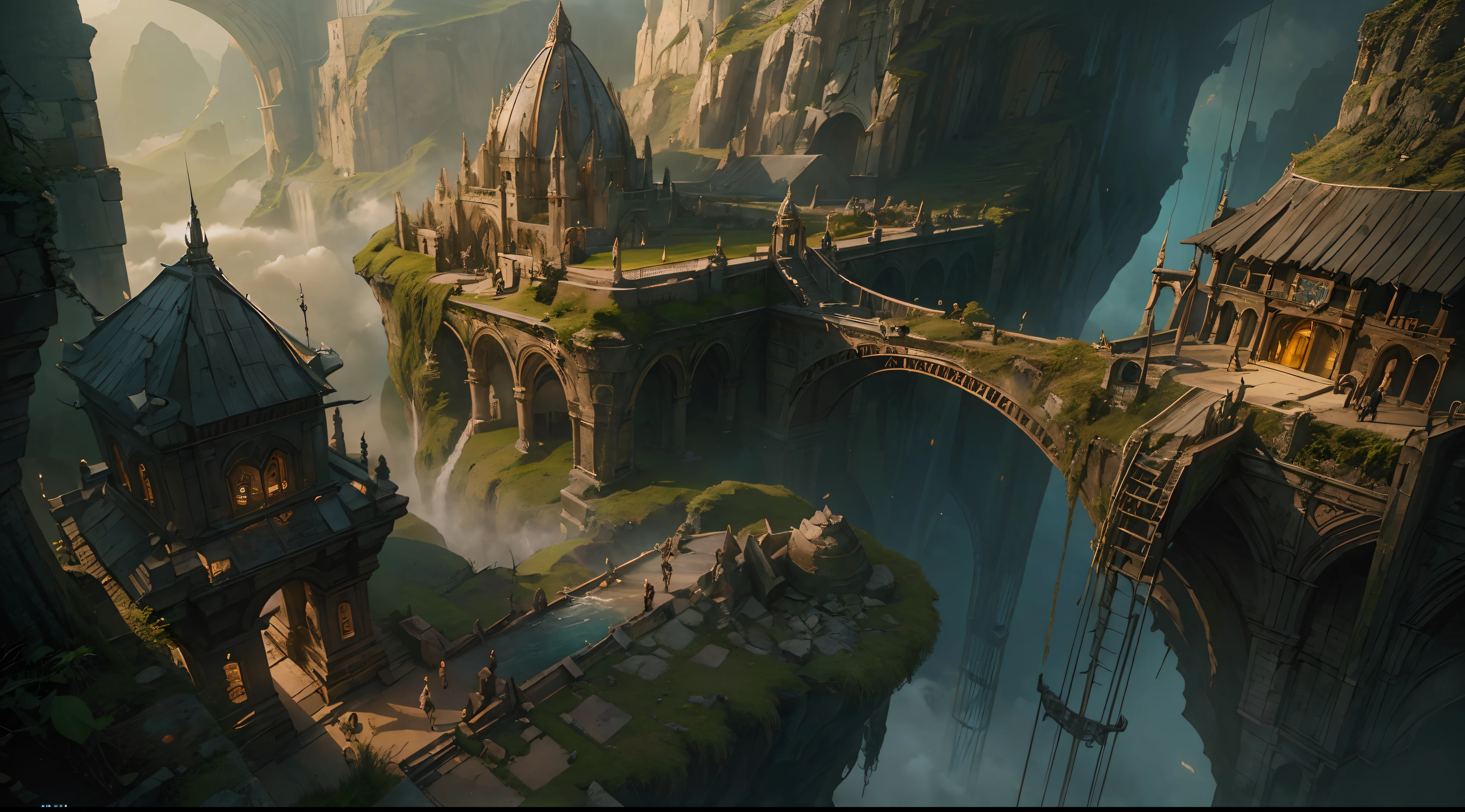 "(by Greg Rutkowski: 1.2), (masterpiece), (best quality), extremely delicate and beautiful, illustration, (fantasy landscape), depth of field, HDR, intricate, delicate, (No human presence), photorealistic depiction, live action feel, creating a visual masterpiece with the best possible quality. (Highlighting the fantastic elements of dwarven city, emphasizing the effects of collapse and severe weathering). Providing a distant view that captures the grandeur and atmosphere."
