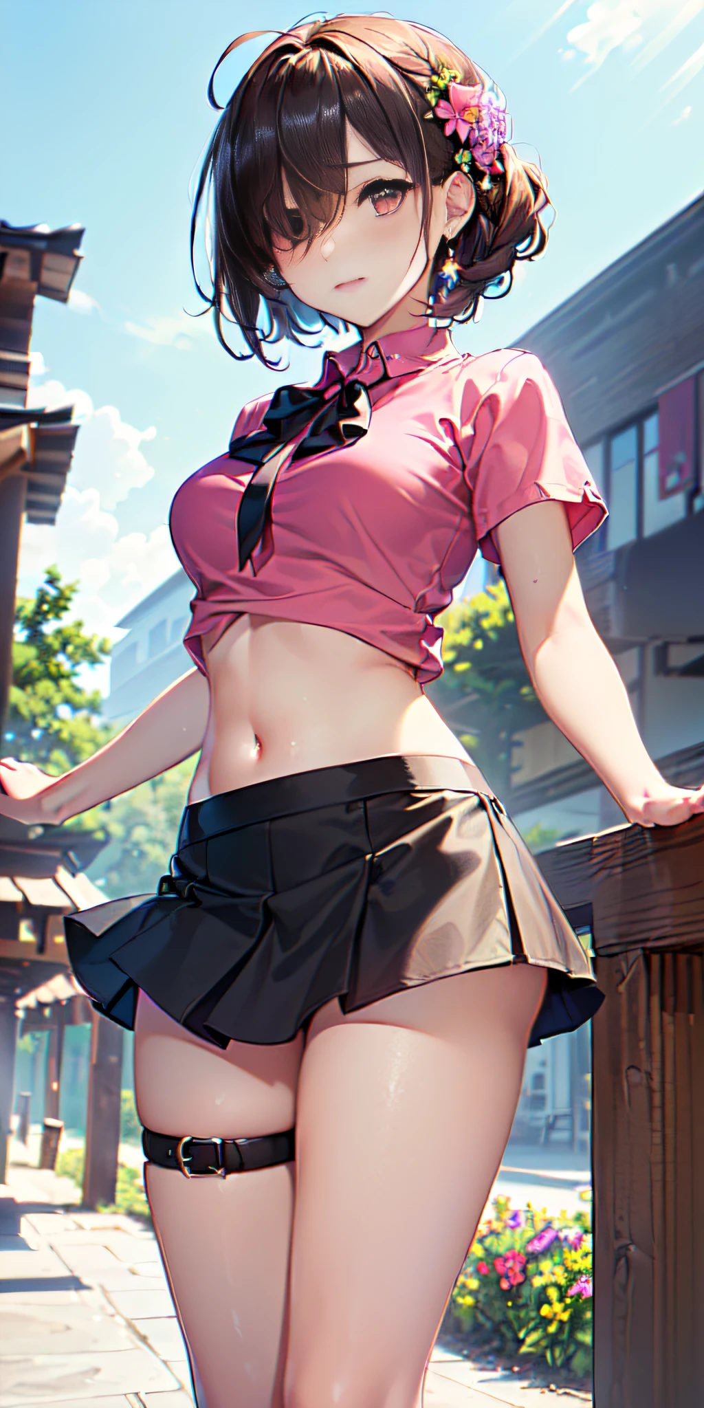 (((masterpiece, best quality, High Resolutions, hmeliza, 1girl, Hair over one eye, jewely, single thighhigh, midriff, black skirt, asymmetrical legwear, Pink shirt, black thighs, beltt, short miniskirt, Standing, Shot cowboy, outdoor, Featured, Flower )))