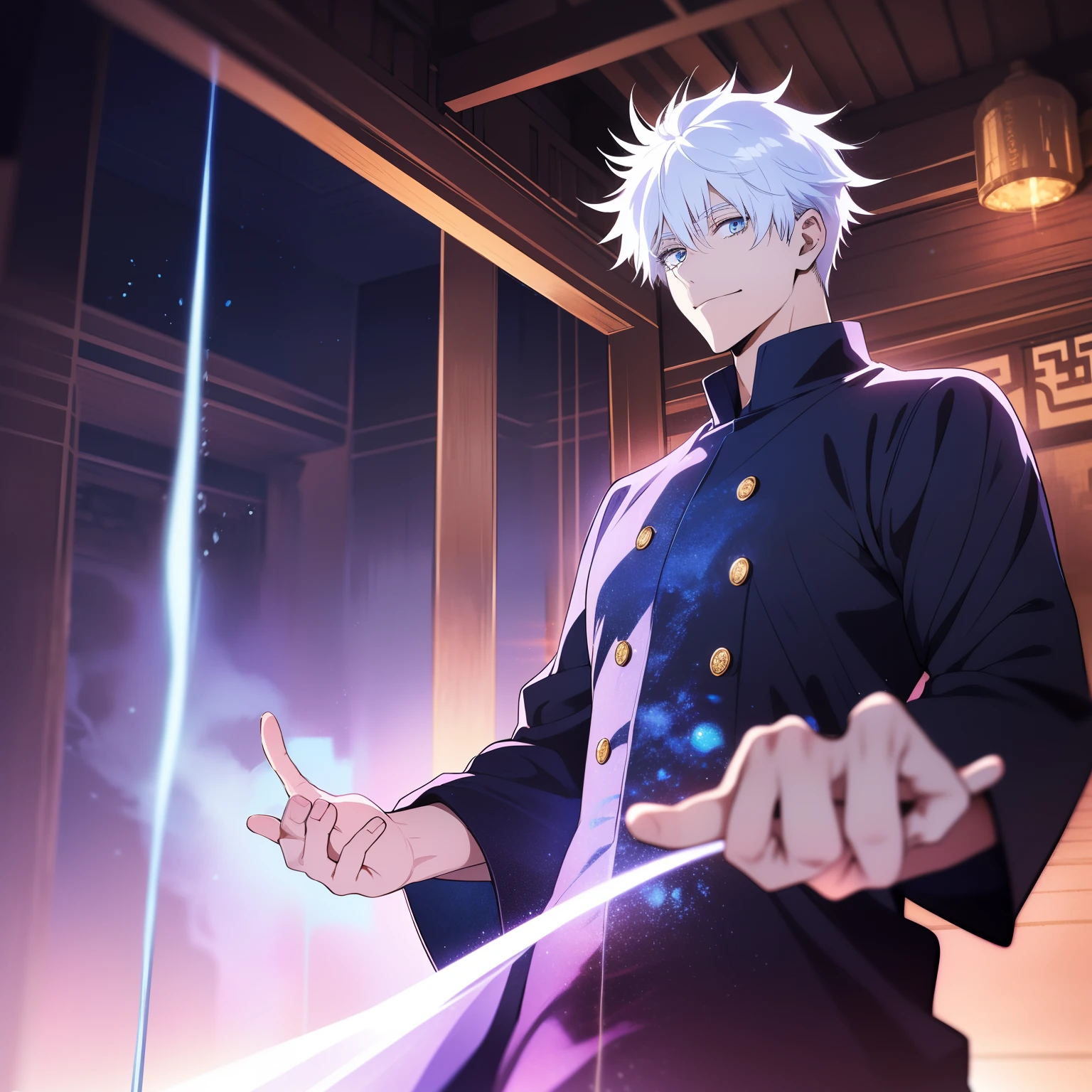 Prompt: (masterpiece, illustration, anime:1.3), Satoru Gojo from Jujutsu Kaisen, (classic black attire:1.2), standing inside a temple at night, (messy white hair:1.1), (blue eyes emitting blue light:1.2), (calm expression:1.1), (uncovered eyes:1.1), (powerful presence:1.2), (mystical atmosphere:1.2), (subtle moonlight:1.1), (intricate temple architecture:1.2), (ominous shadows:1.1), (flowing robes:1.1), (detailed folds and creases:1.1), (intense blue aura:1.2), (symbols of power surrounding him:1.1), (magical energy radiating:1.2), (spellcasting gestures:1.1), (mysterious artifacts:1.1), (ethereal particles:1.1), (dynamic pose:1.2), (epic soundtrack:1.2), (sense of awe:1.1), (magical prowess:1.1).

This prompt depicts an anime illustration featuring Satoru Gojo from Jujutsu Kaisen. Gojo is shown wearing his classic black attire inside a temple at night. His white hair is messy, and his blue eyes emit a radiant blue light. The illustration captures Gojo's calm expression, powerful presence, and the mystical atmosphere of the scene. The temple's intricate architecture, subtle moonlight, and ominous shadows add to the overall ambiance. The prompt emphasizes Gojo's intense blue aura, spellcasting gestures, and the sense of awe surrounding his magical prowess. The artwork aims to showcase the captivating nature of Satoru Gojo as a radiant sorcerer.