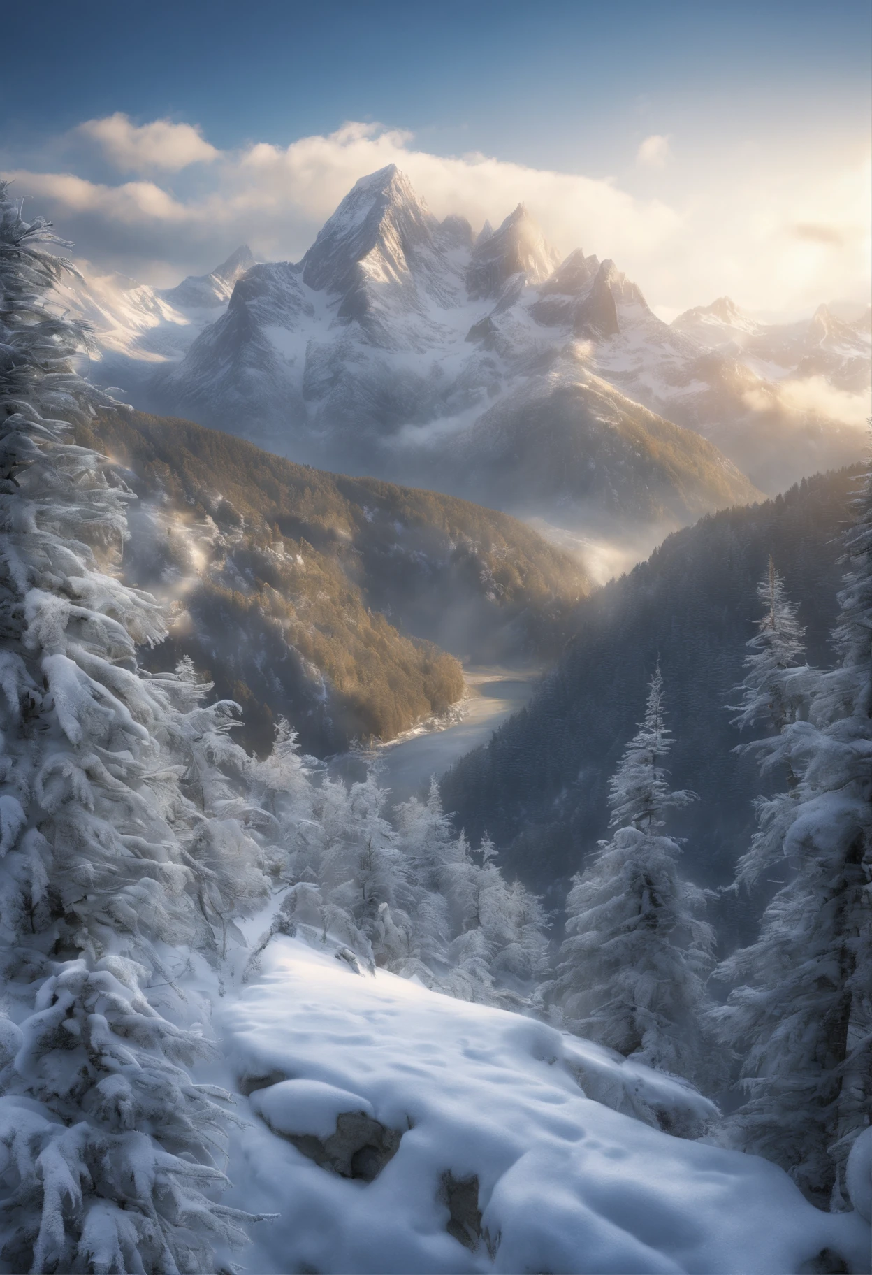(best quality,4k,8k,highres,masterpiece:1.2),ultra-detailed,(realistic,photorealistic,photo-realistic:1.37),mountainous landscape,snow-capped peaks,serene and majestic scenery,winter wonderland,natural beauty,tranquil atmosphere,crystal-clear blue sky,fresh white snow,gleaming ice,sparkling sunlight,dazzling reflections,spectacular view,pristine wilderness,lush evergreen trees,peaceful silence,sublime landscape,awe-inspiring heights,enchanting scenery,ethereal beauty,serenity in nature,remote and untouched,untamed wilderness,blissful solitude,frozen wonder,untamed beauty,harmony of elements,majestic cliffs,stunning panoramic view,harsh yet captivating,snowy slopes,reaching to the heavens,unyielding mountains,white-cloaked peaks,graceful slopes,expansive ridges,immense grandeur,sublime scenery,natural masterpiece, jaw-dropping beauty