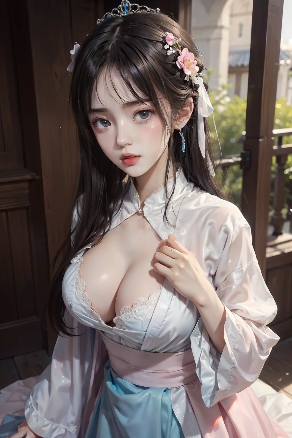 small li ，,princess 8 yeald old cute, Master picture quality, Highest quality, Best picture quality, Exaggerated details, The expression is shy,a close up of a , Super beautiful,Long hair, Very exaggerated and compact, Round breasts , Pose in front of the camera, ,, Wet-breasted Hanfu open V-chested clothes, All pictures, Wet body of thin silk fabric, Thin silk lace petticoat,princess 8 yeald old cute, (huge boobs，cleavage),petticoat, white pink, blue ，best qualtiy，tmasterpiece，超高分辨率，（真实感：1.4），RAW photogr，（True skin texture：1.3），（filmgrain：1.3），（Selfie angle），1个Giant Breast Girl，Beautiful eye and face details，tmasterpiece，Best quality at best，exposing thighs，Bigchest，The chest is more exposed，short detailed hair，facing at camera