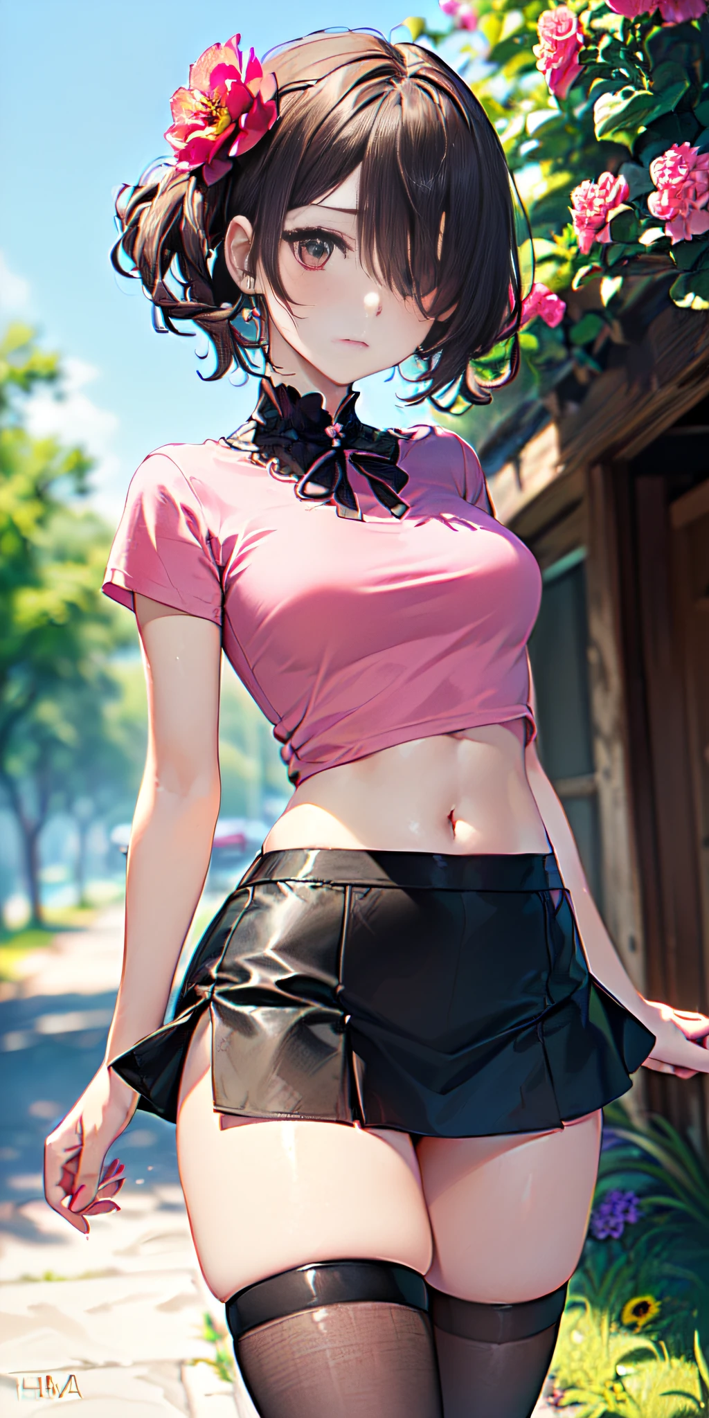 (((masterpiece, best quality, High Resolutions, hmeliza, 1girl, Hair over one eye, jewely, single thighhigh, midriff, black skirt, asymmetrical legwear, Pink shirt, black thighs, beltt, short miniskirt, Standing, Shot cowboy, outdoor, Featured, Flower )))