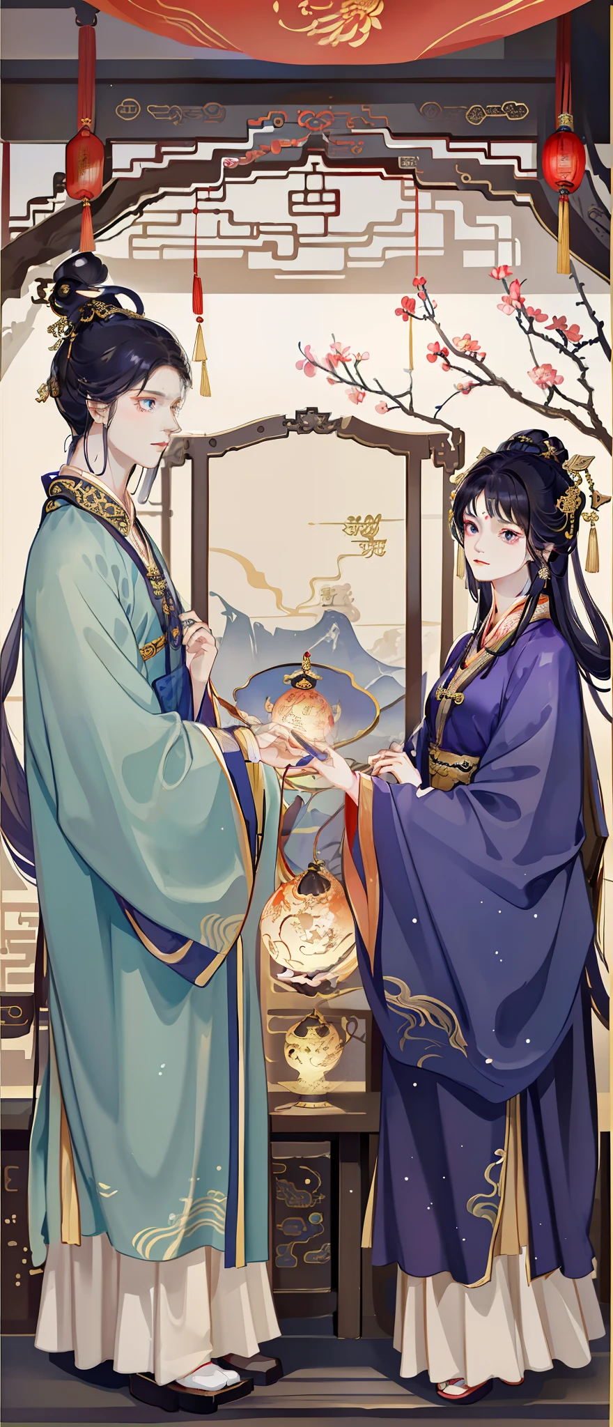 A man and a woman dressed in ancient Chinese costumes, with acient chinese clothes, Traditional Chinese clothing, Wearing a luxurious silk cloak, dressed in simple robes, Wearing a flowing purple robe，The boy on the left，Girl on the right，Gorgeous costumes，The woman wears a golden headdress on her head，Light and shadow rendering，3D game scene，4D game scene，Comfortable light and shadow，