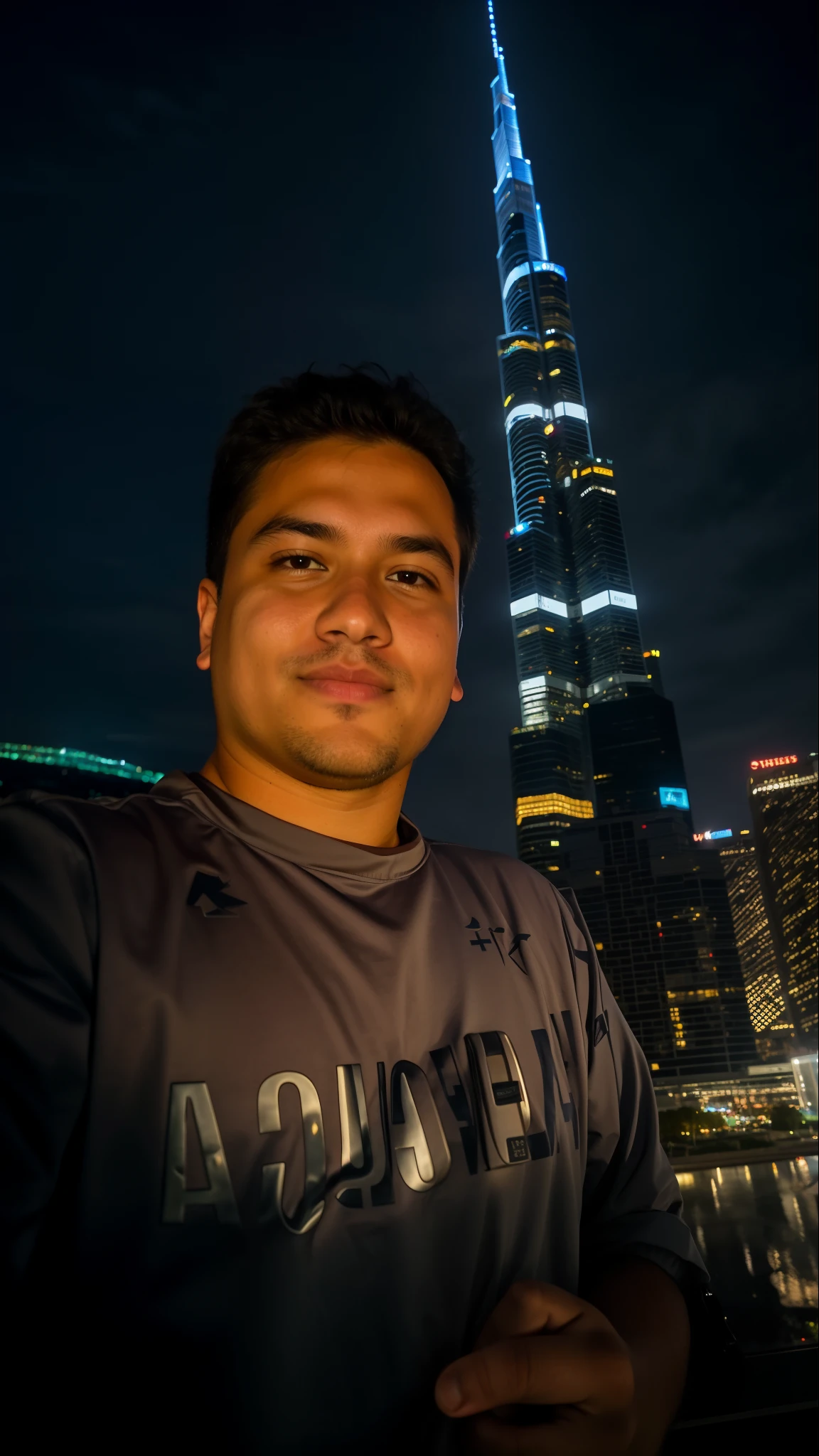 Ultra realistic face a boy standing in front of a tall building at night, very very low quality picture, city in the background, with towers, in front of a sci fi cityscape, 8k selfie photograph, in the middle of the city, with a city in the background, skyscrapers in the background, at nighttime, bokeh in the background only, city in background