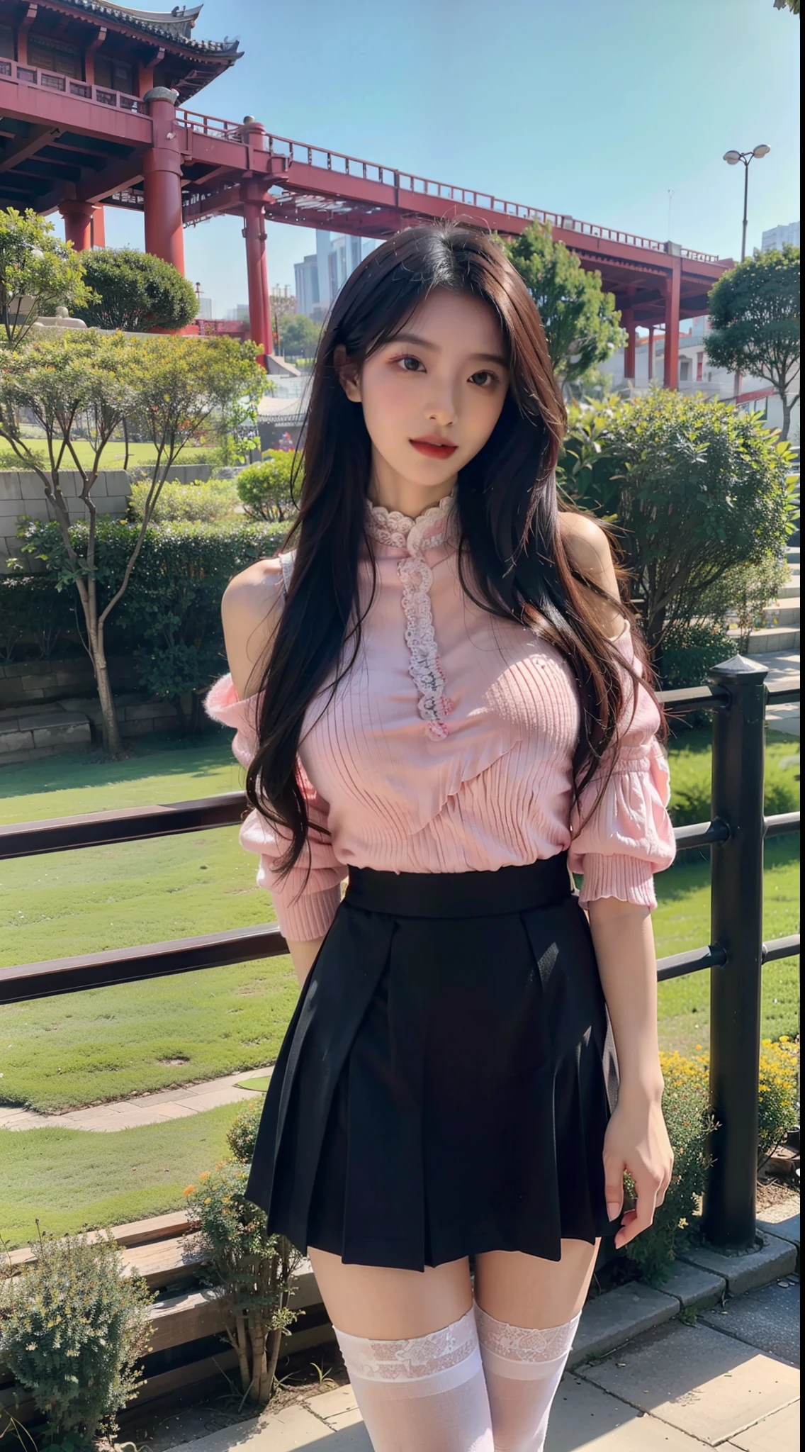 A perfect young female white-collar worker,Chinese big breasts,High picture quality,Works of masters,Black hair,Long hair shawl,Long hair flowing over the shoulders,Beach wave hairstyle,cropped shoulders,鎖骨,exquisite face,Hydrated red lips,((Wear colorful and stylish summer clothing))(red colour,blue colors,green color,Violet-orange,In pink,amarelo,Printed clothing),Kurfo,,Colorful pleated skirt,white stockings,over knee socks,Magic starry sky dress,Lace skirt,Puff sleeve skirt,Tassel elements,Lace paneled elements,Openwork elements,Texture element,Real Human,Hosiery(Bare thighs),CG rendering,16k,Stand up,Suzhou Garden,On the bridge,Do not show your hands,Close-up shot