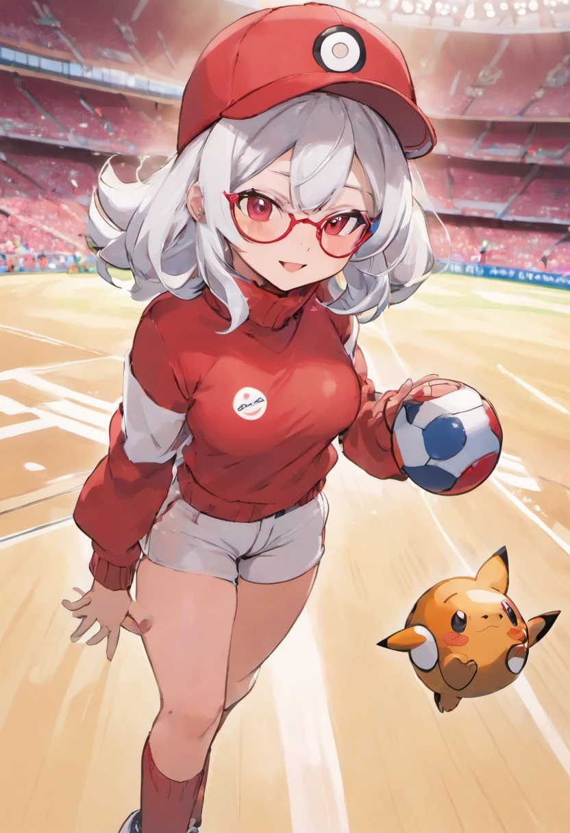 Grinning face,Baseball Cap,Red Baseball Cap.White shorts with right hand sticking forward,Field is a stadium,Turtleneck knitwear,Red glasses,Hi-Res, 1womanl,Pose with your right arm stretched forward, 独奏,Holding a Poké Ball in Your Hands, grey eyes, white hair, Red glasses,Red Baseball Cap, Red knitted turtleneck with long sleeves, White shorts, a belt, stadio, deph of field, Bad face, Stick out the arm holding the poké ball, put hands on the hip,