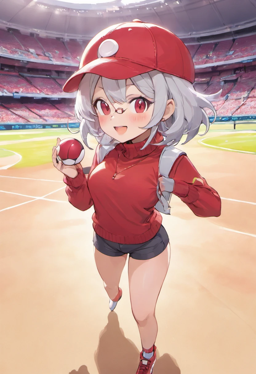 Grinning face,Baseball Cap,Red Baseball Cap.White shorts with right hand sticking forward,Field is a stadium,Turtleneck knitwear,Red glasses,Hi-Res, 1womanl,Pose with your right arm stretched forward, 独奏,Holding a Poké Ball in Your Hands, grey  eyes, white  hair, Red glasses,Red Baseball Cap, Red knitted turtleneck with long sleeves, White shorts, a belt, stadio, deph of field, Bad face, Stick out the arm holding the poké ball, put hands on the hip,