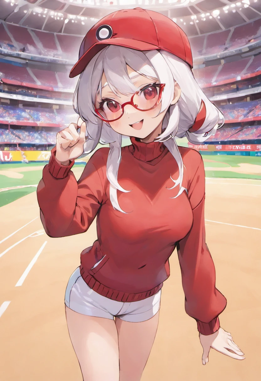 Grinning face,Baseball Cap,Red Baseball Cap.White shorts with right hand sticking forward,Field is a stadium,Turtleneck knitwear,Red glasses,Hi-Res, 1womanl,Pose with your right arm stretched forward, 独奏,Holding a Poké Ball in Your Hands, grey eyes, white hair, Red glasses,Red Baseball Cap, Red knitted turtleneck with long sleeves, White shorts, a belt, stadio, deph of field, Bad face, Stick out the arm holding the poké ball, put hands on the hip,