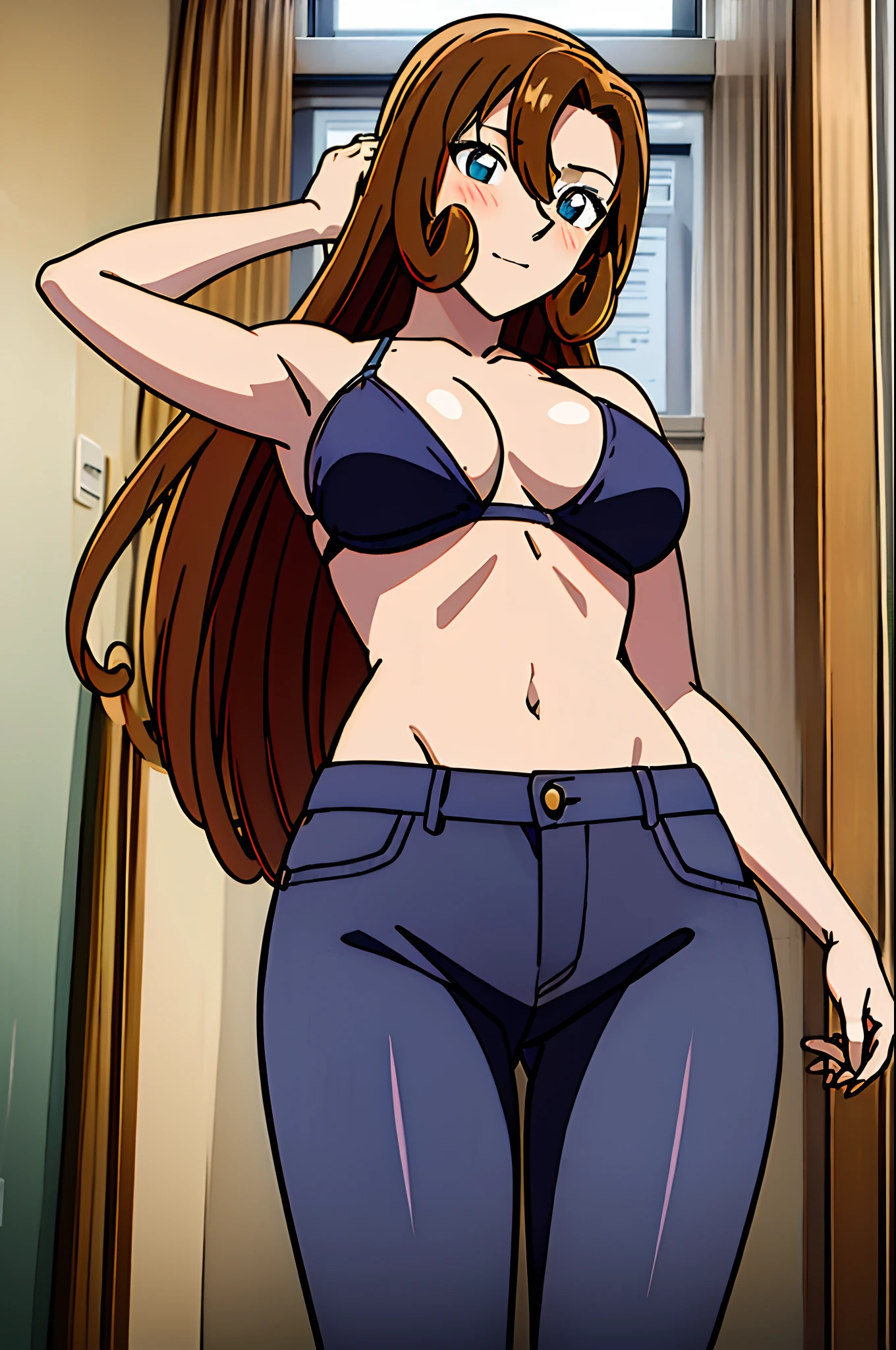 ((masterpiece)),((best quality)),ultra-detailed,illustration,1girl, solo, brown hair, long hair, flower, pants, midriff, crop top, breasts, looking at viewer, cleavage,  window, brown eyes, indoors, navel, medium breasts, bikini top, head tilt, knee up, closed mouth, bare shoulders, grey eyes, cloud, bangs, ,Beautiful body, Beautiful Nose, Beautiful character design, perfect eyes, perfect face, alluring, wallpaper, perfect lighting, Colorful, ultra highres,4K,photography, (medium breasts:1.2),(beautiful face:1.2),(narrow waist), shiny skin, anime screencap ,from below, mature female, full body, meitantei conan, standing, ((milf)), 37 years old