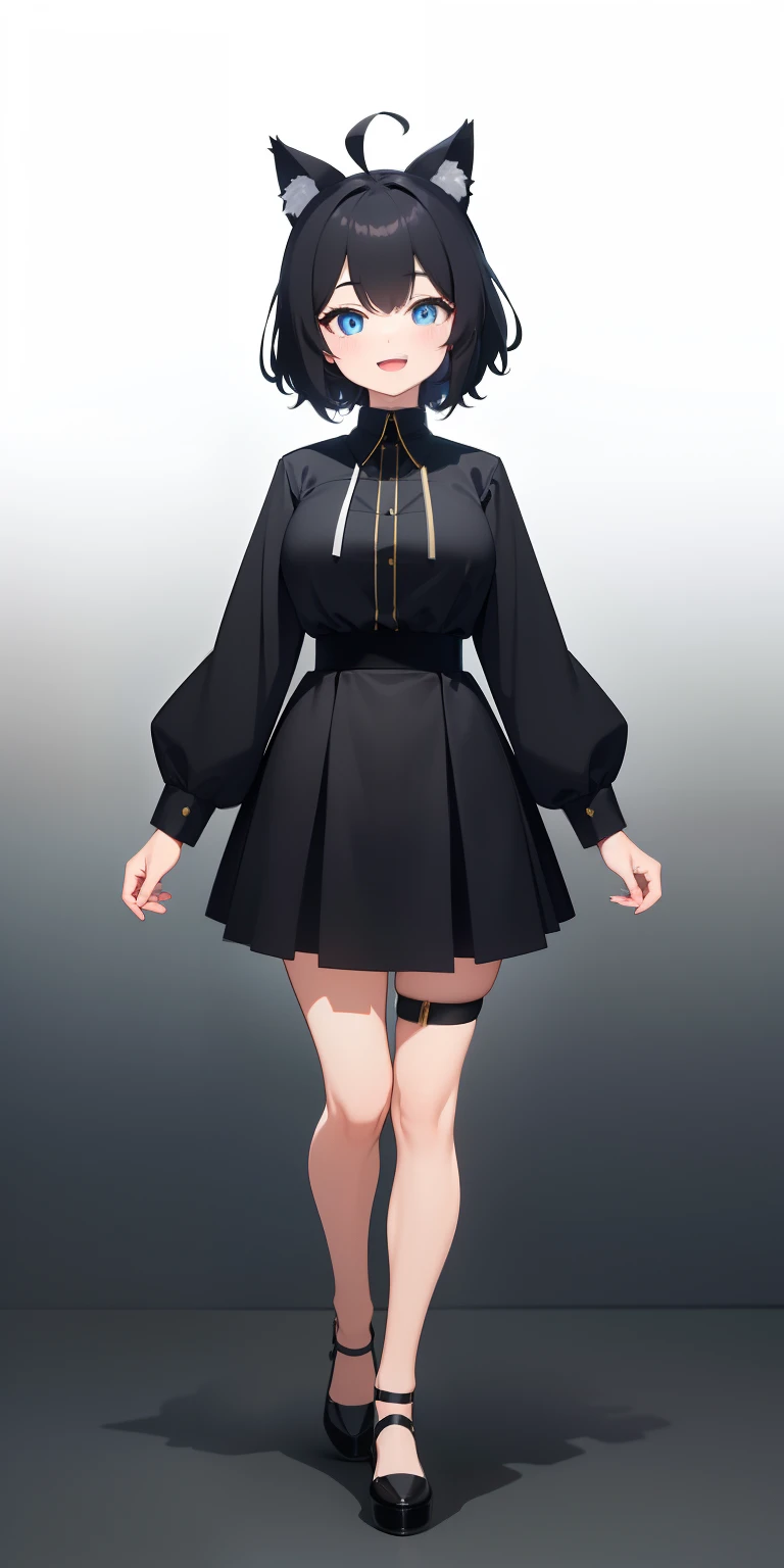 Full body,(( Upright)), ((Arms at sides)), Looking at Viewer, Simple background, 1girl in, Open mouth, Smile, Virtual Youtuber、girl with、、((Best Quality, high_resolution, Distinct_image)),(Black hair), (Black cat ears), (Ahoge), (absurdly short hair), (Wavy Hair), (Blue eyes),、A smile、large full breasts、
