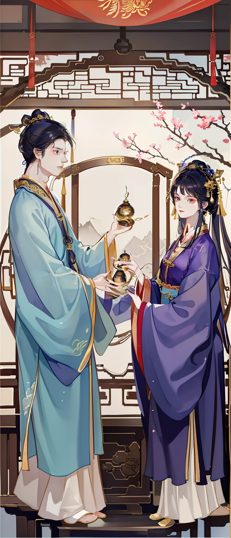 A man and a woman dressed in ancient Chinese costumes, with acient chinese clothes, Traditional Chinese clothing, Wearing a luxurious silk cloak, dressed in simple robes, Wearing a flowing purple robe,The boy on the left,Girl on the right,Gorgeous costumes,The woman wears a golden headdress on her head,Light and shadow rendering,3D game scene,4D game scene,Comfortable light and shadow,