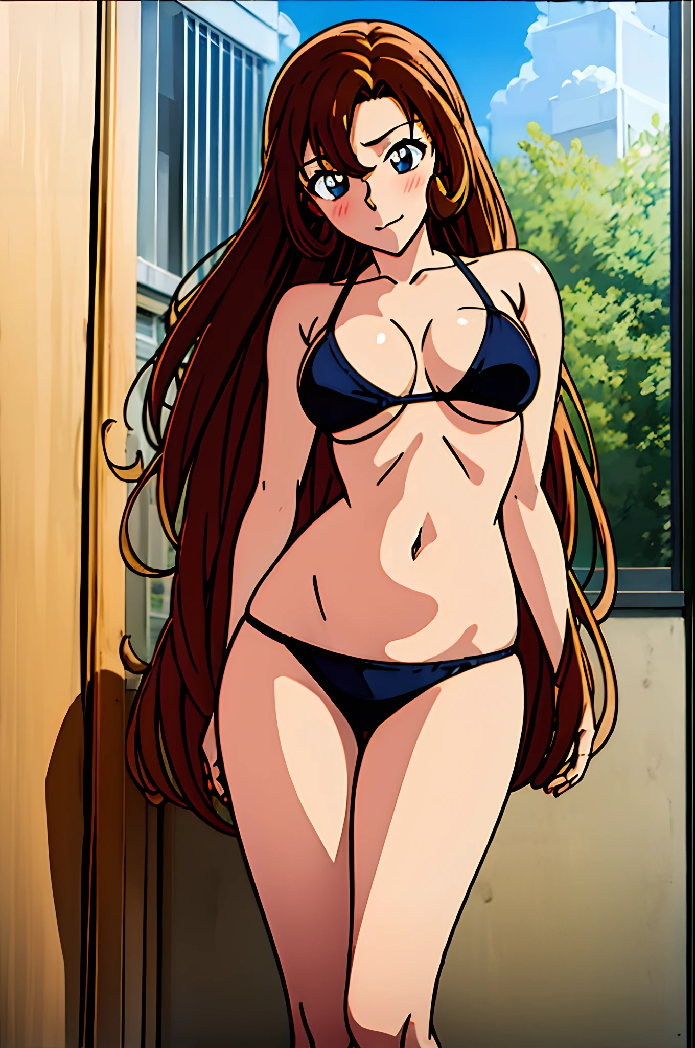 ((masterpiece)),((best quality)),ultra-detailed,illustration,1girl, solo, brown hair, long hair, flower, pants, midriff, crop top, breasts, looking at viewer, cleavage,  window, brown eyes, indoors, navel, medium breasts, bikini top, head tilt, knee up, closed mouth, bare shoulders, grey eyes, cloud, bangs, ,Beautiful body, Beautiful Nose, Beautiful character design, perfect eyes, perfect face, alluring, wallpaper, perfect lighting, Colorful, ultra highres,4K,photography, (medium breasts:1.2),(beautiful face:1.2),(narrow waist), shiny skin, anime screencap ,from below, mature female, full body, meitantei conan, standing, ((milf)), 37 years old