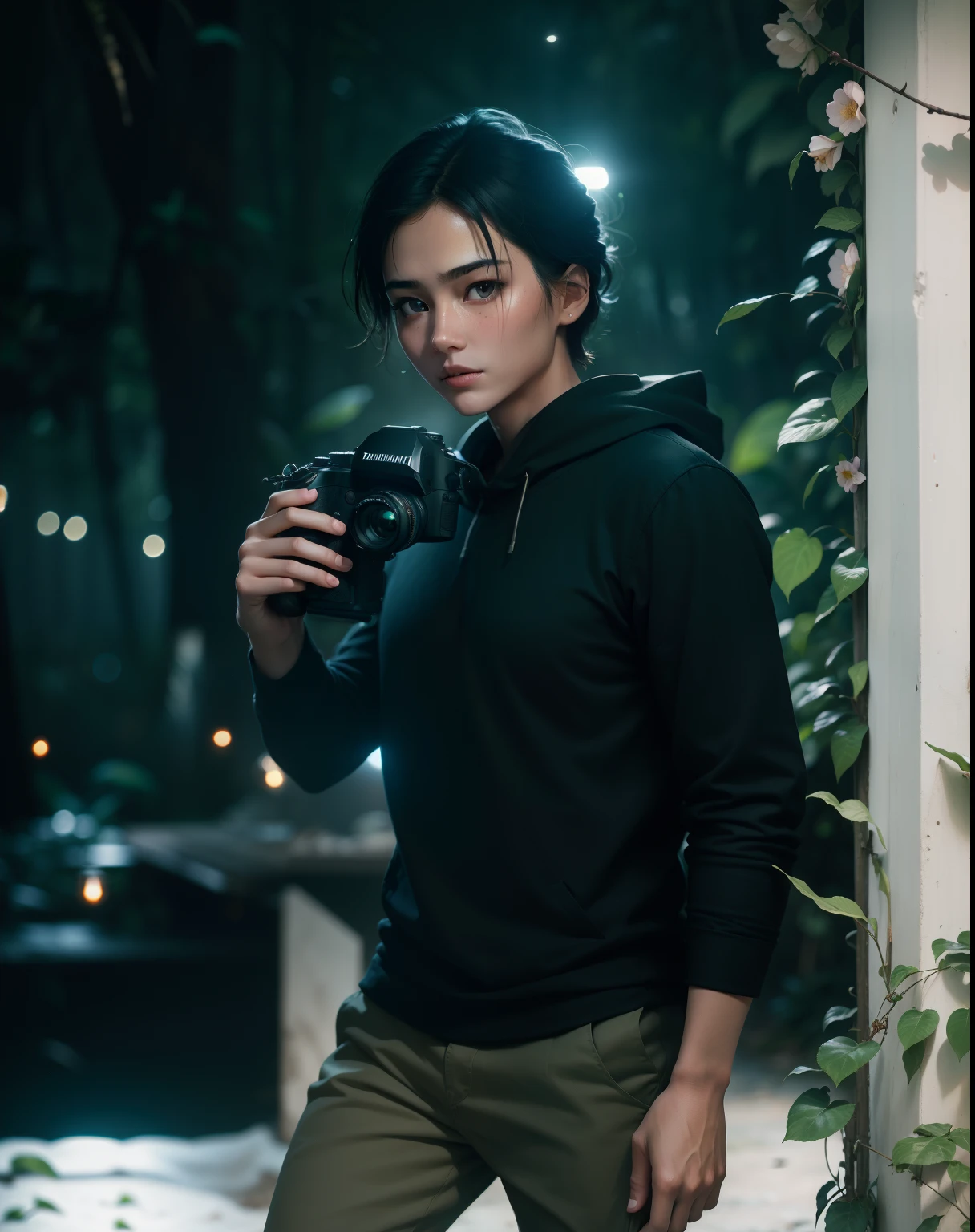 masterpiece,  walking through jungle at night among fireflies, (high detail:1 1), rough face, natural skin, high quality, nsfw, beautiful eyes, (detailed face and eyes), (face: 1 2), noise, extra, real photo, PSD, lamp film photography, sharp focus, contrast lighting, detailed skin, high resolution 8k, crazy detail, realistic, professional photography, 8k UHD, SLR camera, soft lighting, high quality, film grain, Fujifilm XT3