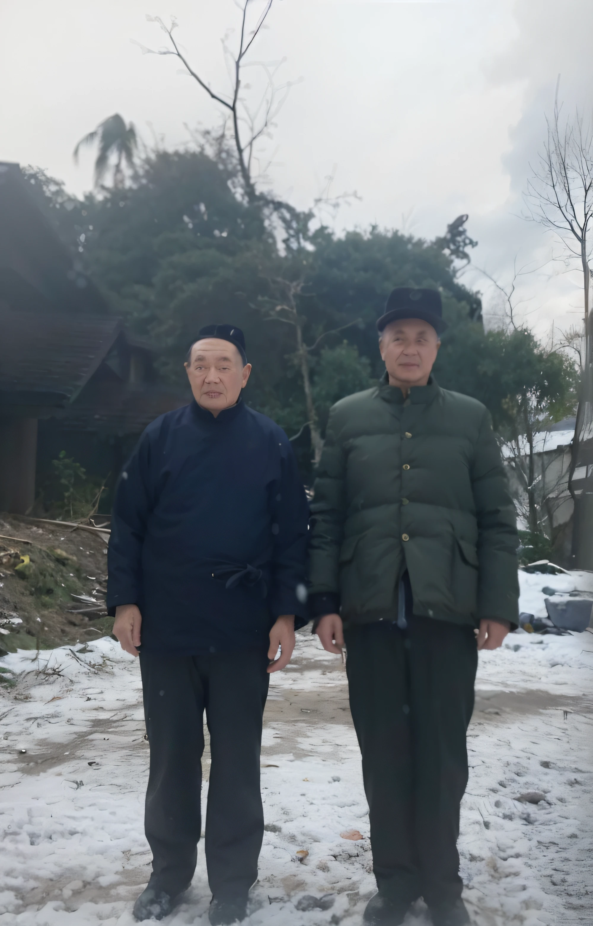 Two elderly Chinese men standing in the snow，a young man and a woman，The man wears a hat，Hands naturally droop，Half a fist，The hand details are real，Ladies also have naturally drooping hands，The hands are clear and real，Trees in the background, coloured photo, a color, coloured photo, Ruan Jia and Fenghua Zhong, coloured photo, coloured photo, old color photo, a color, a color, yiqiang and shurakrgt, colorful image, coloured photo，There are clouds in the sky，Clear facial features，The picture is clear and realistic
