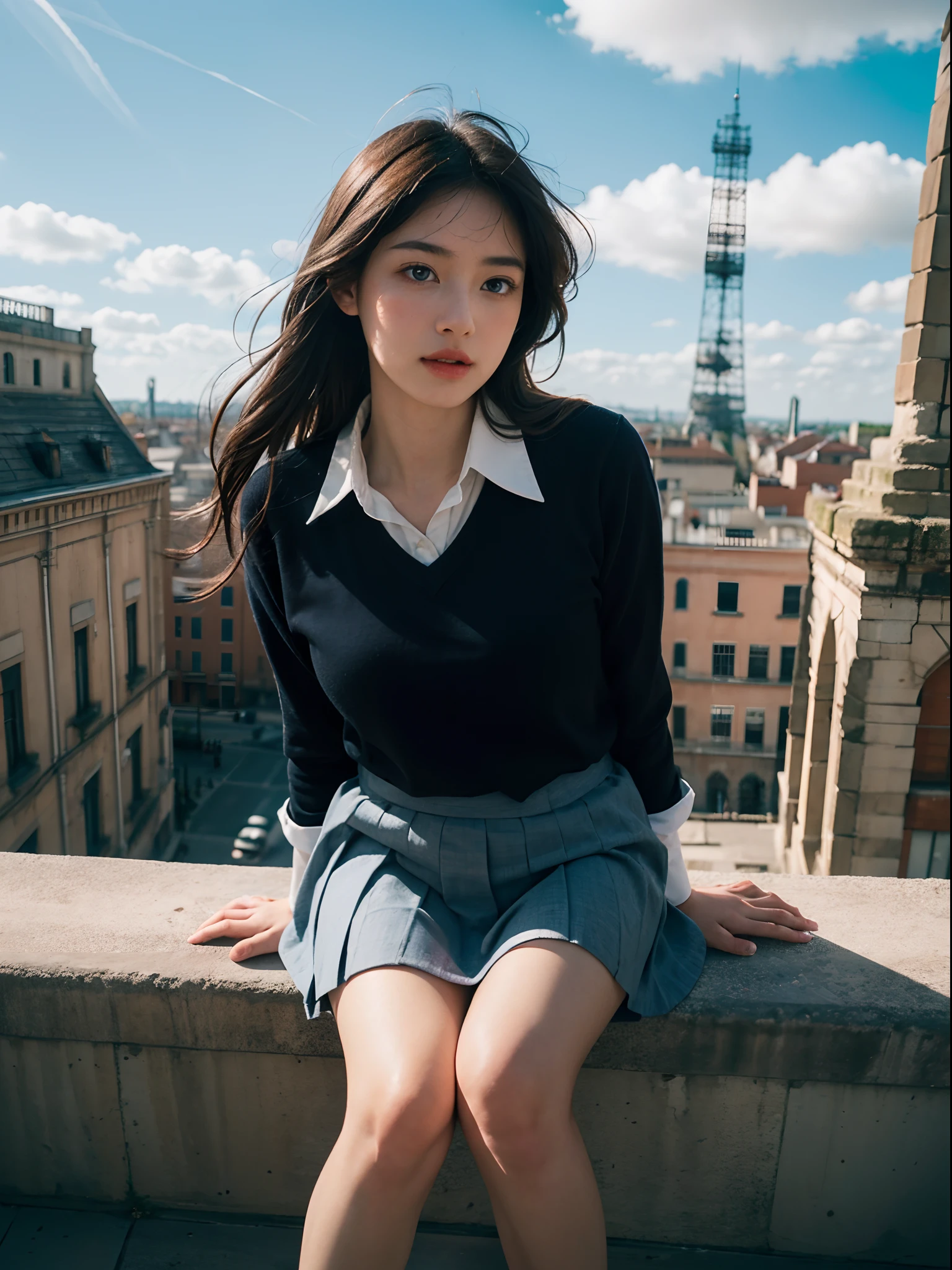 Unbeatable masterpiece, Ultra photo realsisim, Perfect artwork, Intricate details, Best quality, Strong light , High contrast, Dynamic pose, dutch angle , from above , 1girl , (sitting attop of tower:1.3) , (blue and white schooluniform:1.1) , skirt , (detailed beautifuleyes:1.28) , very long wavy hair , (bluesky:1.1) , clouds , (ancient architecturefloating at very high sky:1.28) , (wind:1.1) .blush