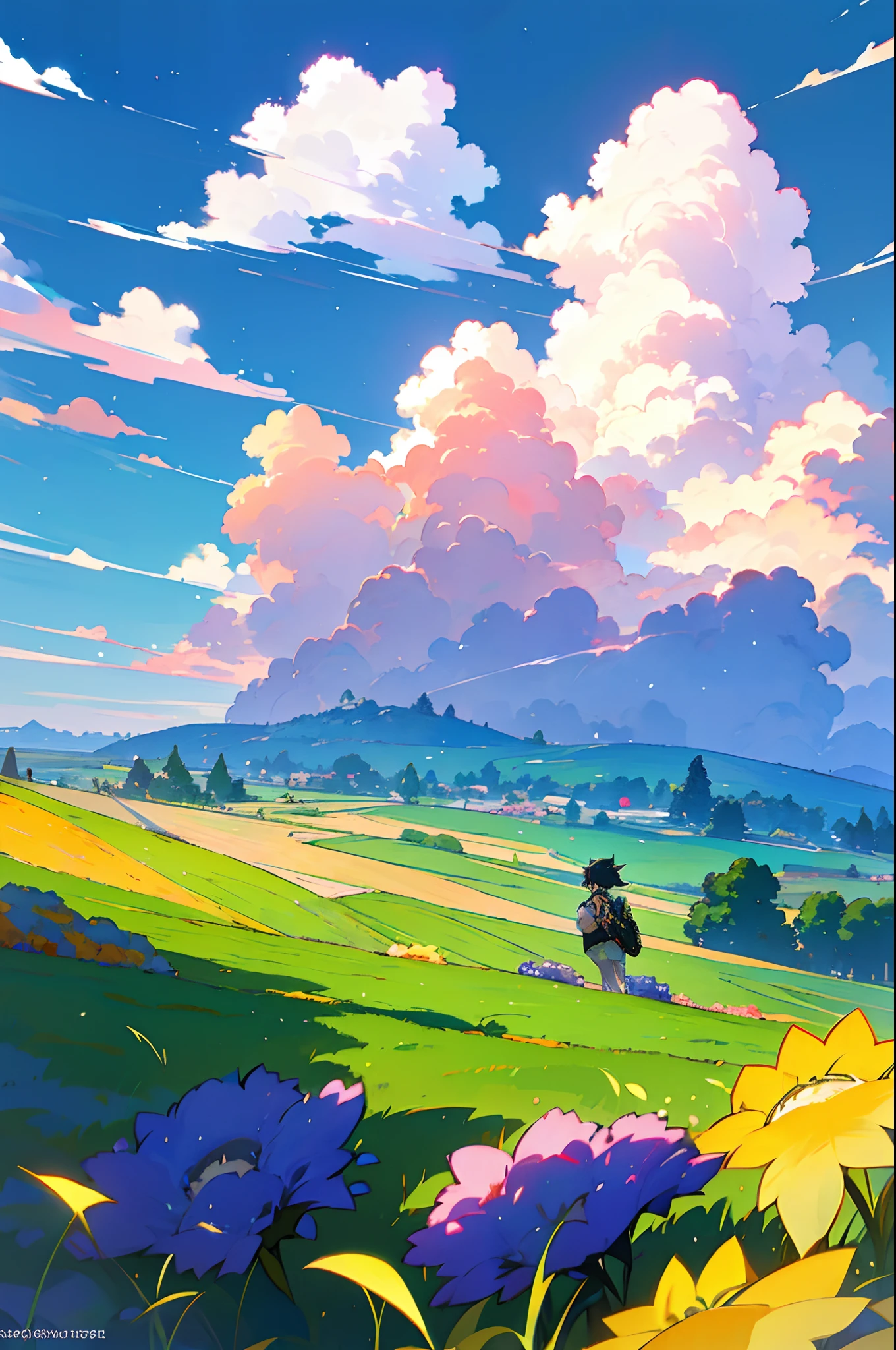 anime scenery of a field with flowers and a plane in the sky, beautifull puffy clouds. anime, anime clouds, anime countryside landscape, anime landscape, ross tran. scenic background, detailed scenery —width 672, rhads and lois van baarle, style of makoto shinkai, studio glibly makoto shinkai