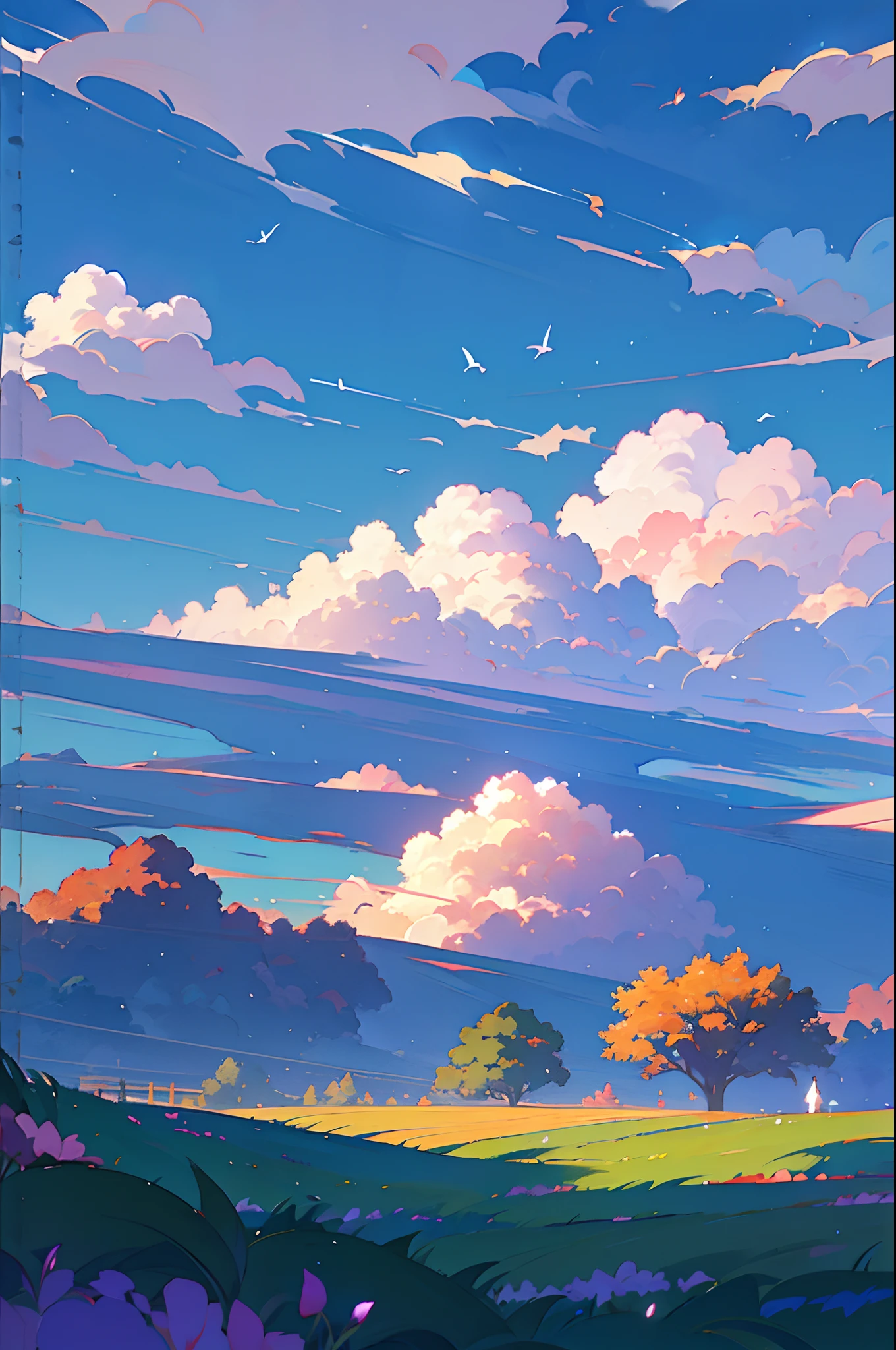 anime scenery of a field with flowers and a plane in the sky, beautifull puffy clouds. anime, anime clouds, anime countryside landscape, anime landscape, ross tran. scenic background, detailed scenery —width 672, rhads and lois van baarle, style of makoto shinkai, studio glibly makoto shinkai