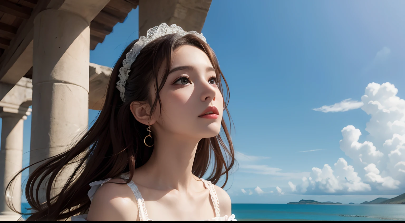 (8K, Raw-Photo, best qualtiy, tmasterpiece:1.2),(realisticlying, photograph realistic:1.4)
(ta costumes),lace, Aerith Gainsborough, The upper part of the body, Undergarments,exposed bare shoulders, exterior, old castle,Brown hair, High High Quality, adobe lightroom, highdetailskin, looking up at viewer, 1 person, seaside, waves, palm tree