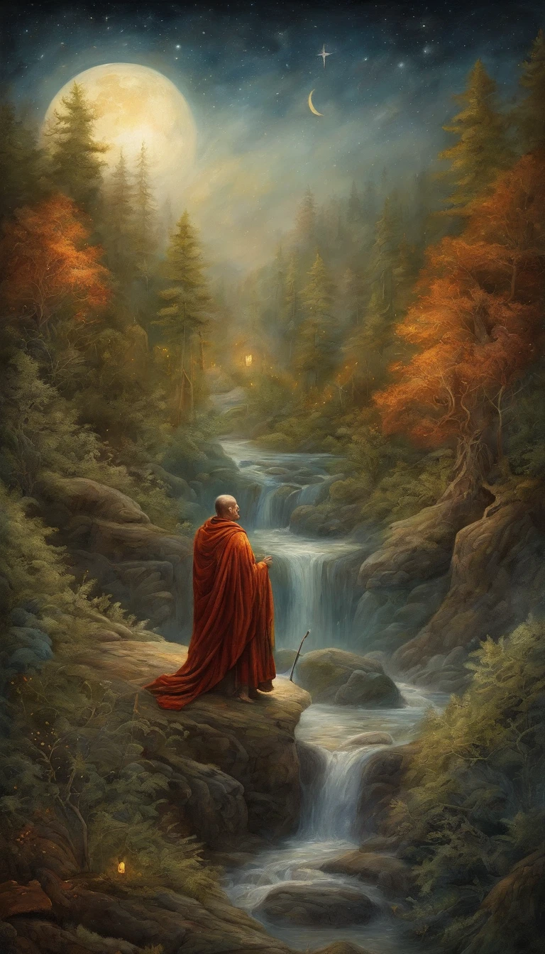 masterpiece, best quality, ultra-detailed, illustration, 1 Buddhist monk, solo, fantasy, flying, broom, night sky, outdoors, magic, spells, moon, stars, clouds, wind, cape, broomstick, glowing, mysterious, enchanting, whimsical, playful, adventurous, freedom, wonder, imagination, determination, skill, speed, movement, energy, realism, naturalistic, figurative, representational, beauty, fantasy culture, mythology, fairy tales, folklore, legends, witches, wizards, magical creatures, fantasy worlds, composition, scale, foreground, middle ground, background, perspective, light, color, texture, detail, beauty, wonder.