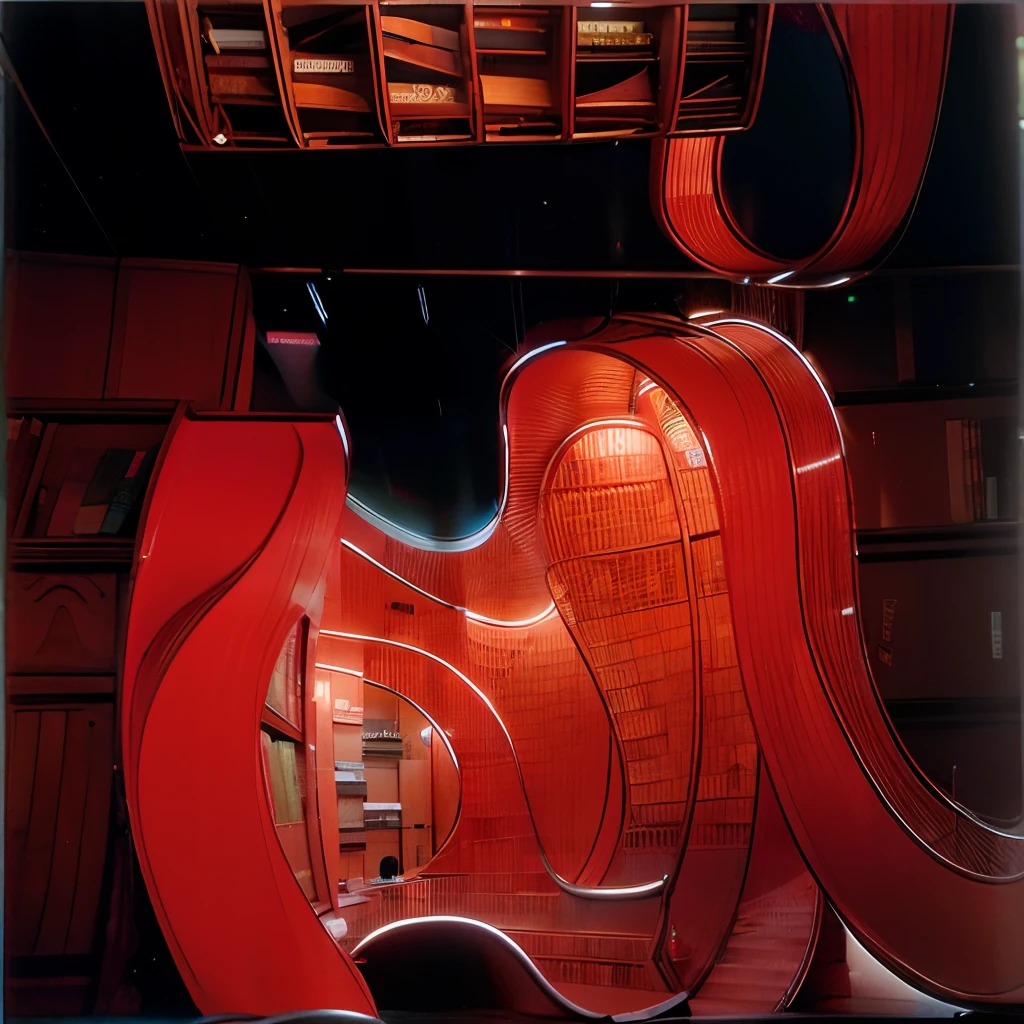 modern art red library reception, creative shapes, curved red ceiling, no wood, weird stacks