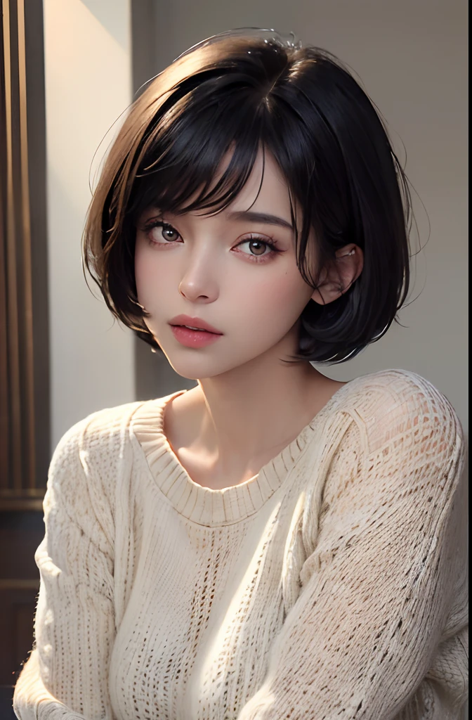 (masterpiece:1.3), (8k, photorealistic, RAW photo, best quality: 1.4), (1girl), beautiful face, (realistic face), (black hair, short hair:1.3), beautiful hairstyle, realistic eyes, beautiful detailed eyes, (realistic skin), beautiful skin, (sweater), absurdres, attractive, ultra high res, ultra realistic, highly detailed, golden ratio