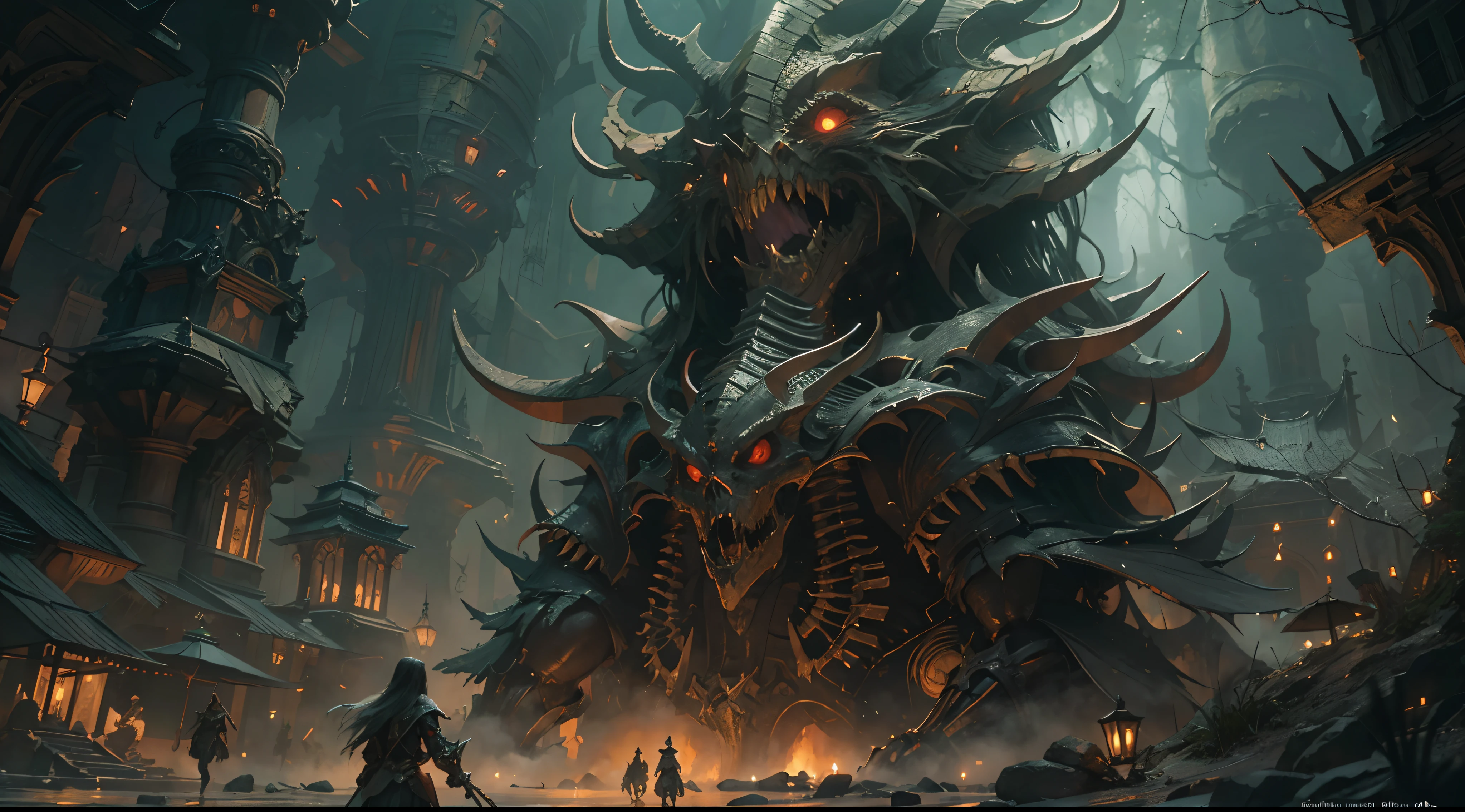 "(by Greg Rutkowski: 1.2), (masterpiece), (best quality), (bokeh), extremely delicate and beautiful, illustration, (fantasy landscape), A mesmerizing fantasy landscape with enchanting elements blending seamlessly. Envision an awe-inspiring fantasy landscape adorned with a legion of menacing skeleton warriors, evoking a sense of dark fantasy. A sense of dark and horror fills the air, inviting exploration and discovery, depth of field, HDR, intricate, delicate"