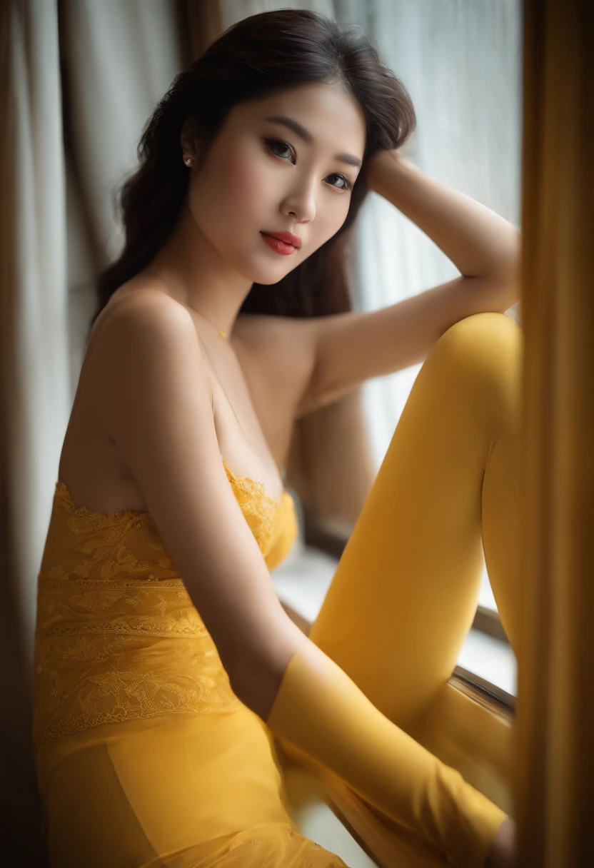 araffe woman in a yellow stockings sitting on a window sill, beautiful asian girl, asian, beautiful asian woman, gorgeous chinese model, asian girl, japanese model, yellow bra, sultry body with sexy belly, sexy girl, asian woman, beautiful oriental woman, sexy body and face, an asian woman, asian women, sexy hot body