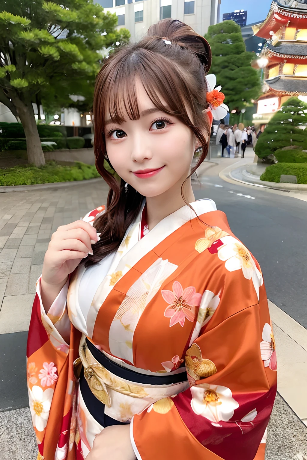 Japan Idol Girl,Add a motion blur effect to simulate motion,hight resolution,Red-brown hair、Cute face girl smiling mischievously with sparkling eyes ,kimono,Floral kimono on shiny red fabric,Ponytail,flying hair,large full breasts、extremely delicate and beautiful face,Cherry Blossom Hair Ornament,Park at night、Fireworks in the night sky、masutepiece,Ultra-realistic ,Full body shot,Glossy light brown and orange striped shorthair,Cute smile,Perfect round face,A cheerful smile that makes the viewer happy,Proper body proportion,Beautiful hands,Beautiful fingers,Detailed finger features,detailed clothes features,Detailed hair features,detailed facial features,