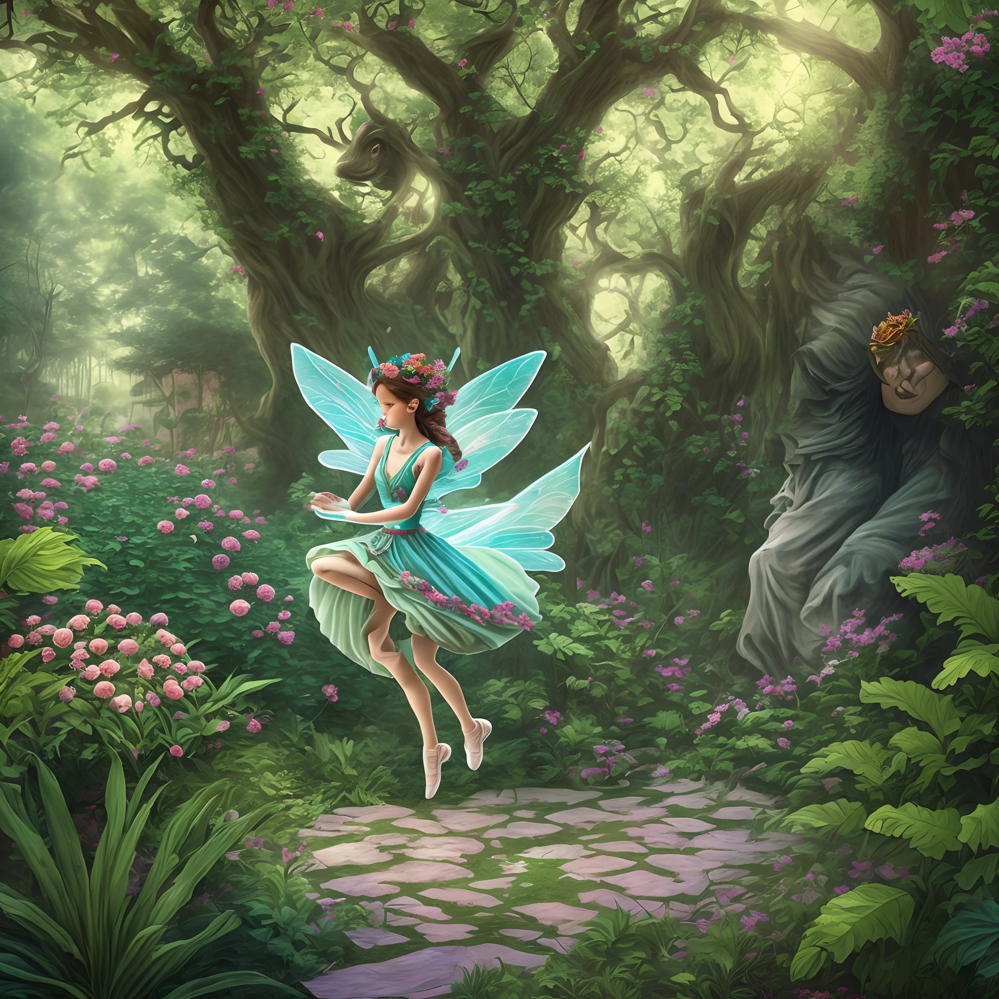 fairy dancing in a mysterious garden while being watched by a stone giant. --auto --s2