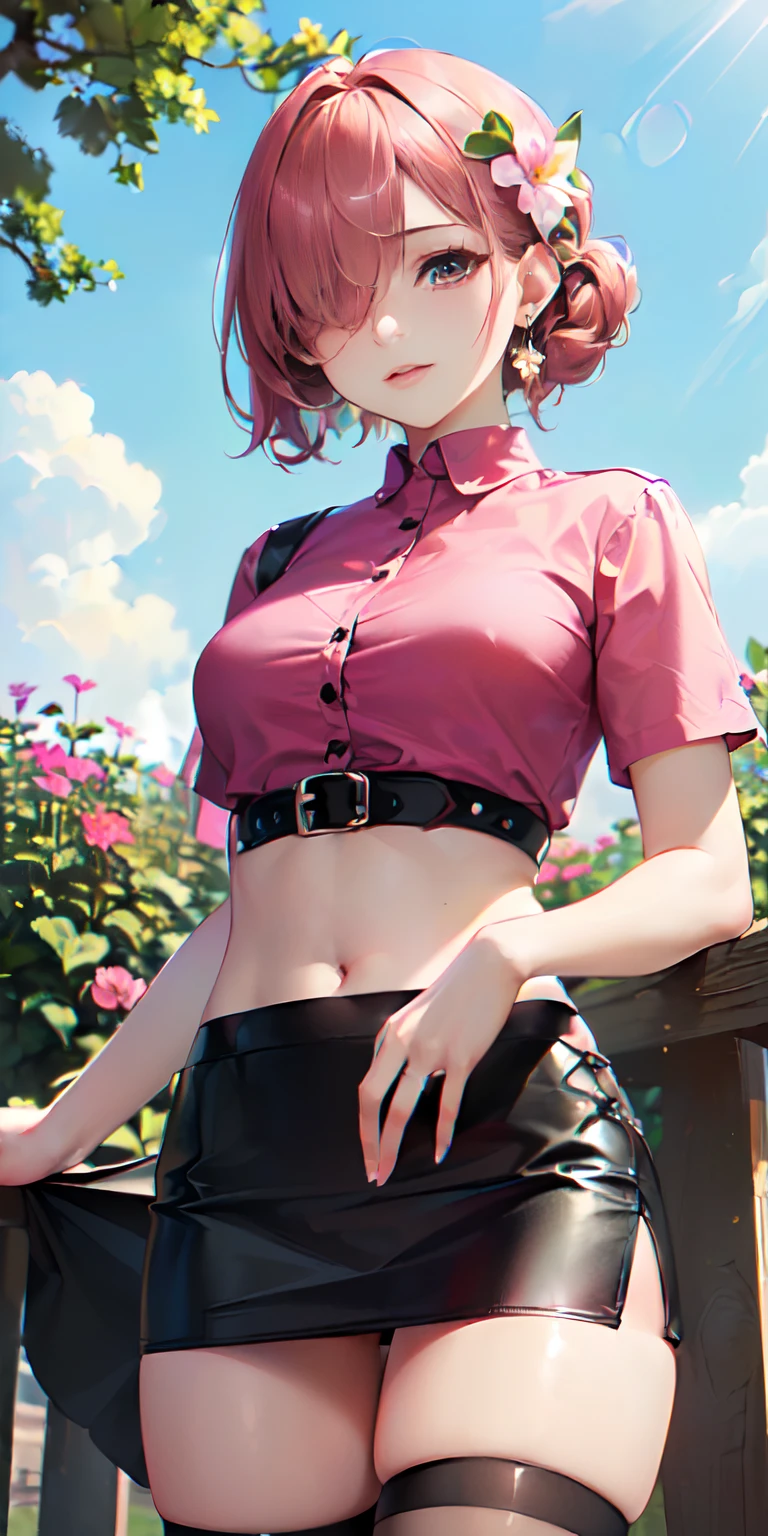 (((masterpiece, best quality, High Resolutions, hmeliza, 1girl, Hair over one eye, jewely, single thighhigh, midriff, black skirt, asymmetrical legwear, Pink shirt, black thighs, beltt, short miniskirt, Standing, Shot cowboy, outdoor, Featured, Flower )))