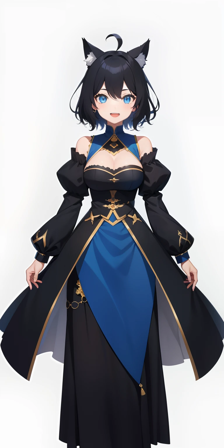 Full body,(( Upright)), ((Arms at sides)), Looking at Viewer, Simple background, 1girl in, Open mouth, Smile, Virtual Youtuber、girl with、、((Best Quality, high_resolution, Distinct_image)),(Black hair), (Black cat ears), (Ahoge), (absurdly short hair), (Wavy Hair), (Blue eyes),、A smile、large full breasts、Clothes that show cleavage