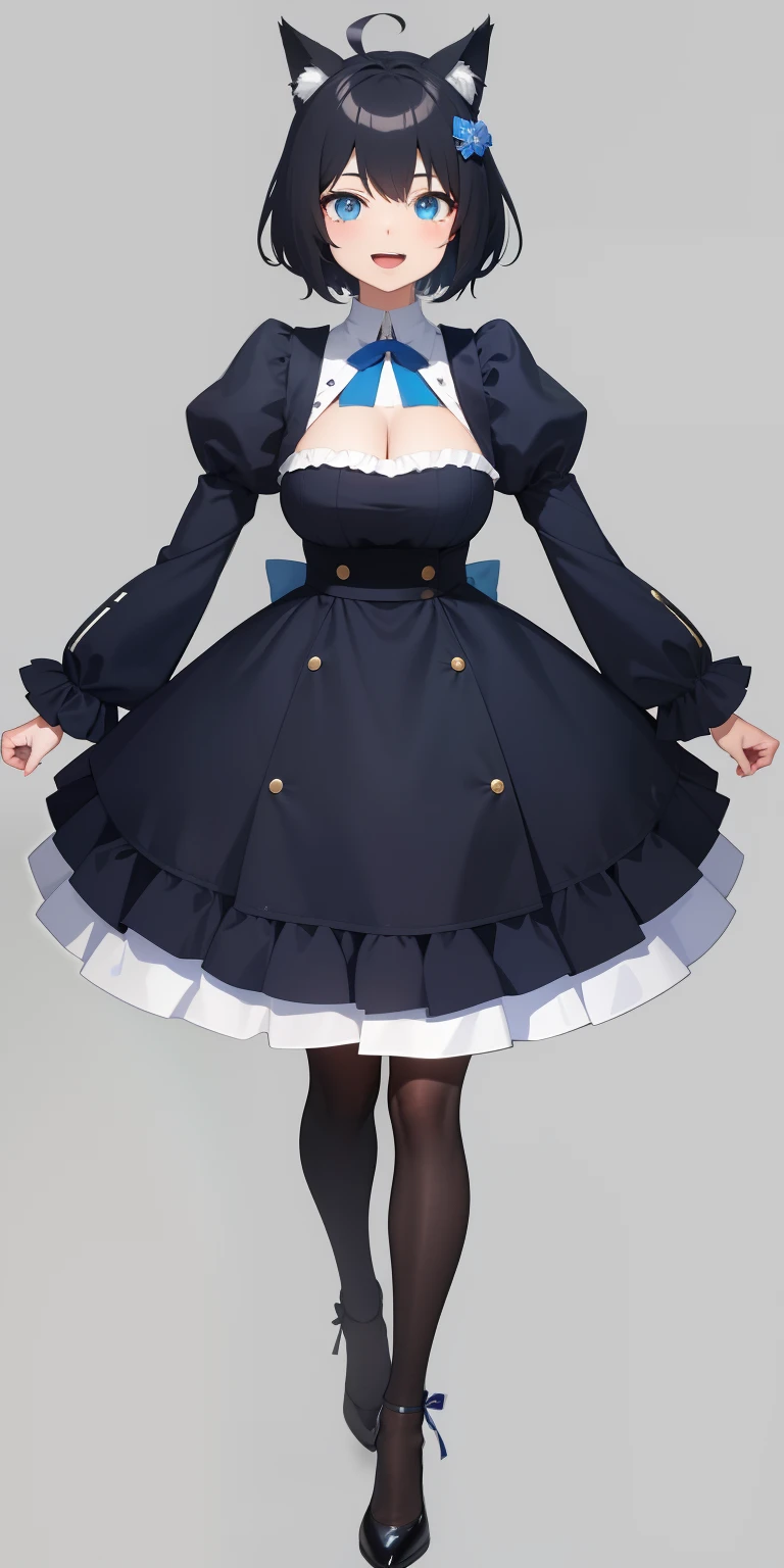 full body, upright, arms at sides, looking at viewer, simple background, 1girl, open mouth, smile, virtual youtuber、girl with、、((Best Quality, high_resolution, Distinct_image)),(Black hair), (Black cat ears), (Ahoge), (absurdly short hair), (Wavy Hair), (Blue eyes),、a smile、large full breasts、