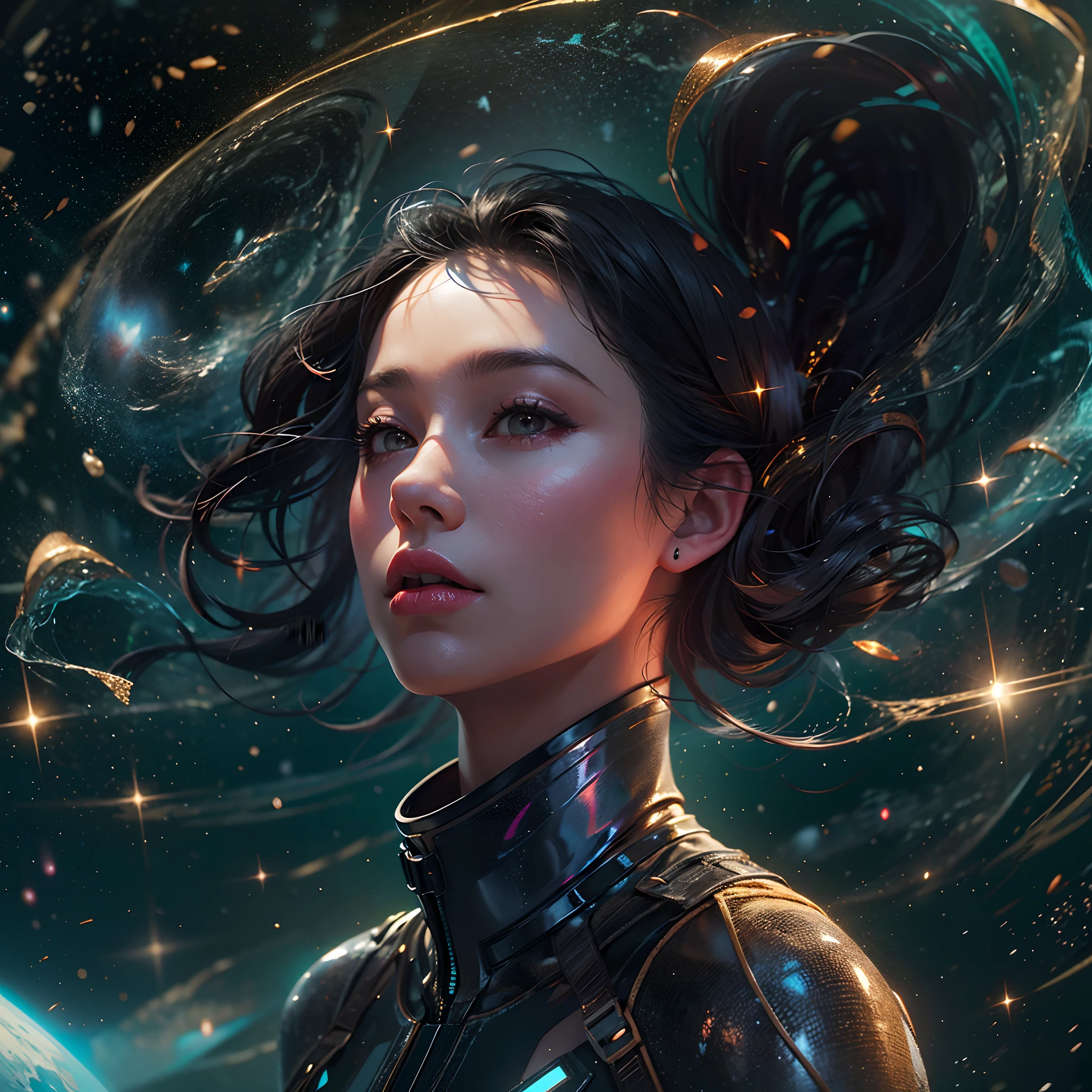 The girl with the pretty face floats in space, portrait of a black-haired young woman in zero gravity, the backdrop of the milky way and a supermassive black hole as background，Wearing high-tech tight spacesuits,  There's a huge black hole forming behind it, and the stars behind her swim past ，The girl with the beautiful face stood in the center of the planet, and countless golden meteors converged on her.LightPainting, holographic，Center symmetrical composition，Axisymmetric composition，realistic，skin textures，anatomy correct