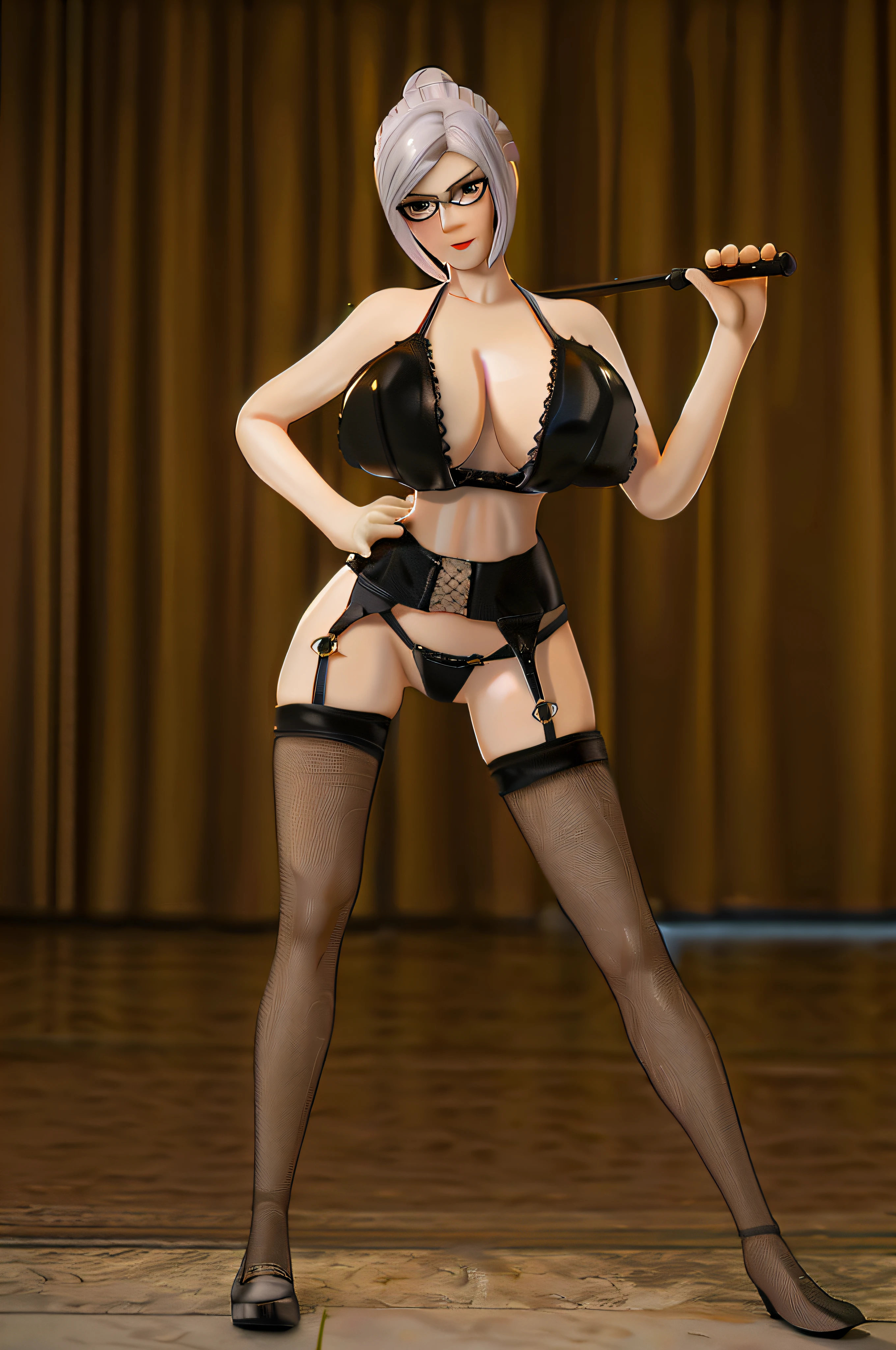 There is a woman in her underwear posing with a baseball bat, ( highly detailed figure ), Seductive. Highly detailed, 2 b, pop up parade figure, extra detailed body, full body close-up shot, , photorealistic perfect body, anya from spy x family, full pose, very detailed and high quality, pinup body,busty body,A seductive look,A MILF,Prison school bud clothes,silber hair,Coiled bun,Slender plump thighs,Suspender black stockings,huge boob