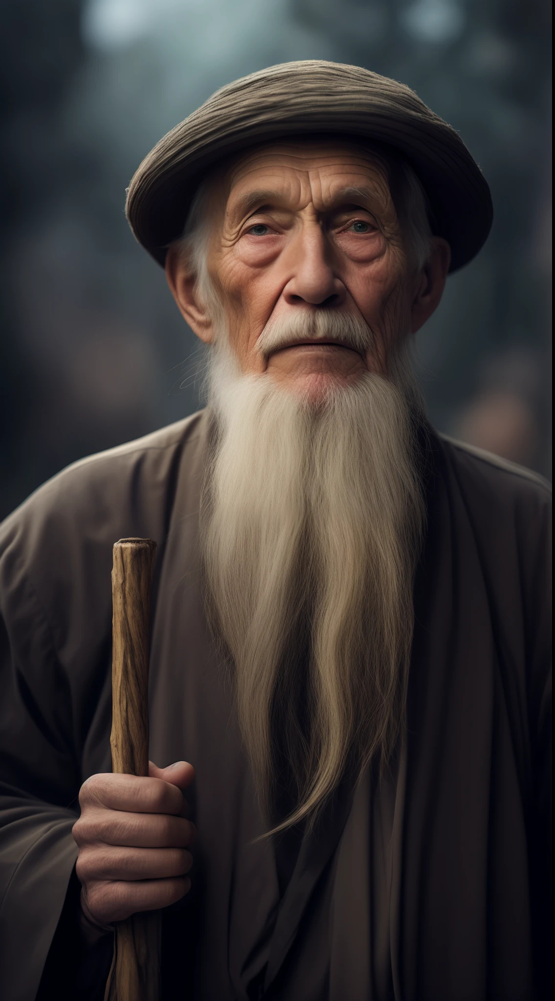 with a long beard，An Arafeld man wearing a hat with a stick, An old man, old man portrait, sharp looking portrait, peaceful expression, Wise old man, stunning portrait, Beautiful portrait, portrait photo of an old man, old man, a old man, Serene expression, portrait of monk, of an old man, Portrait of an old man, Perfectly centered portrait