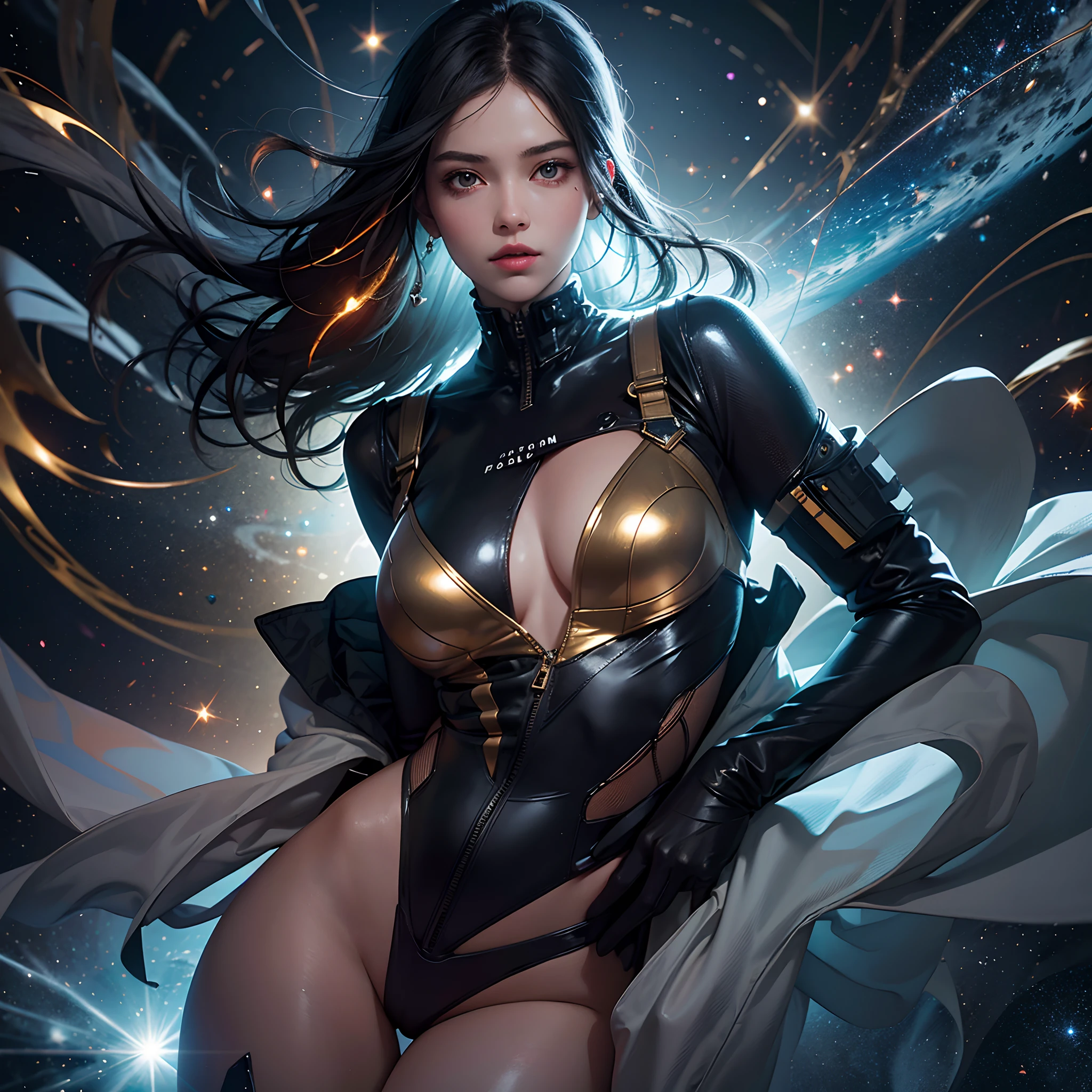 The girl with the pretty face floats in space, portrait of a black-haired young woman in zero gravity, the backdrop of the milky way and a supermassive black hole as background,Wearing high-tech tight spacesuits, There's a huge black hole forming behind it, and the stars behind her swim past ,The girl with the beautiful face stood in the center of the planet, and countless golden meteors converged on her.LightPainting, holographic,Center symmetrical composition,Axisymmetric composition,realistic,skin textures