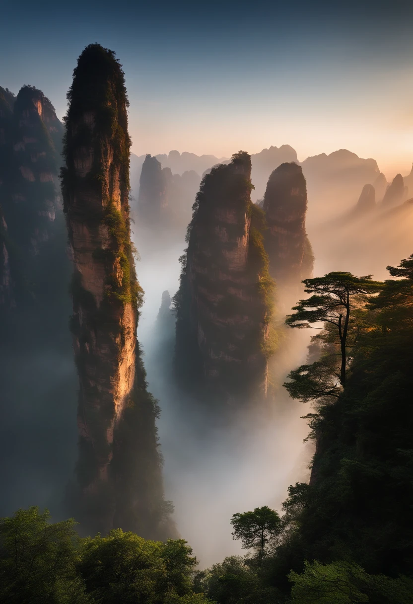 mountains with a small red building on top of them, by Cheng Jiasui, chinese landscape, by Yuan Jiang, an amazing landscape image, zhangjiajie in early morning, by Liu Haisu, by Raymond Han, breathtaking mountains, by Xia Yong, floating mountains, incredibly beautiful, by Ren Xiong, zhangjiajie national forest park