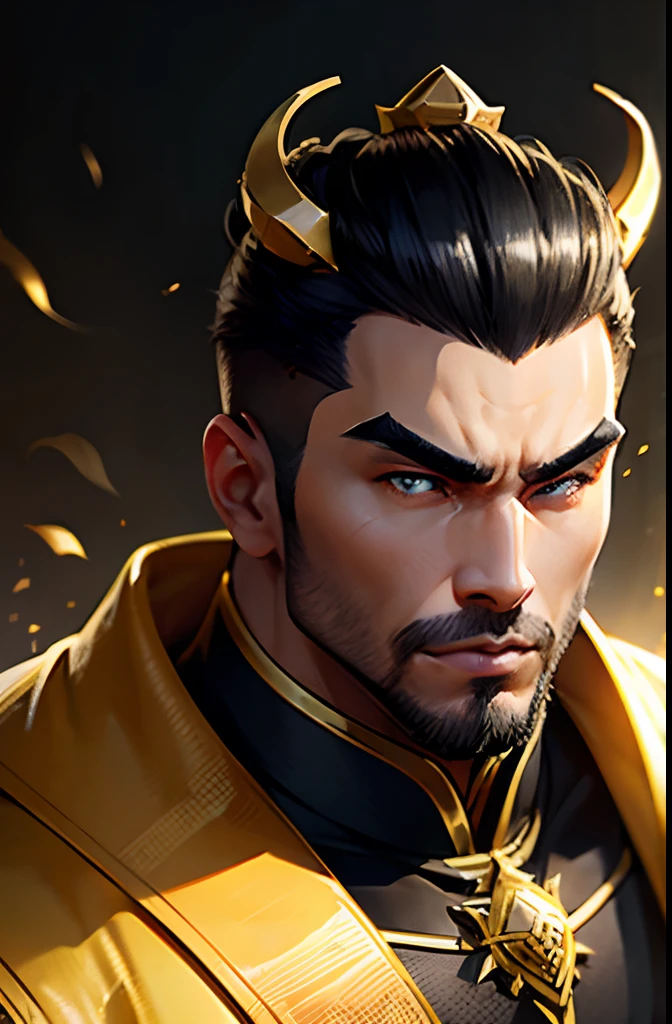 male people，Yellow people，burly build,The complexion is black,Thick eyebrows,Sharp eyes，Dressed in a gold suit,Wearing a golden crown on his head,Holding a jade clan。