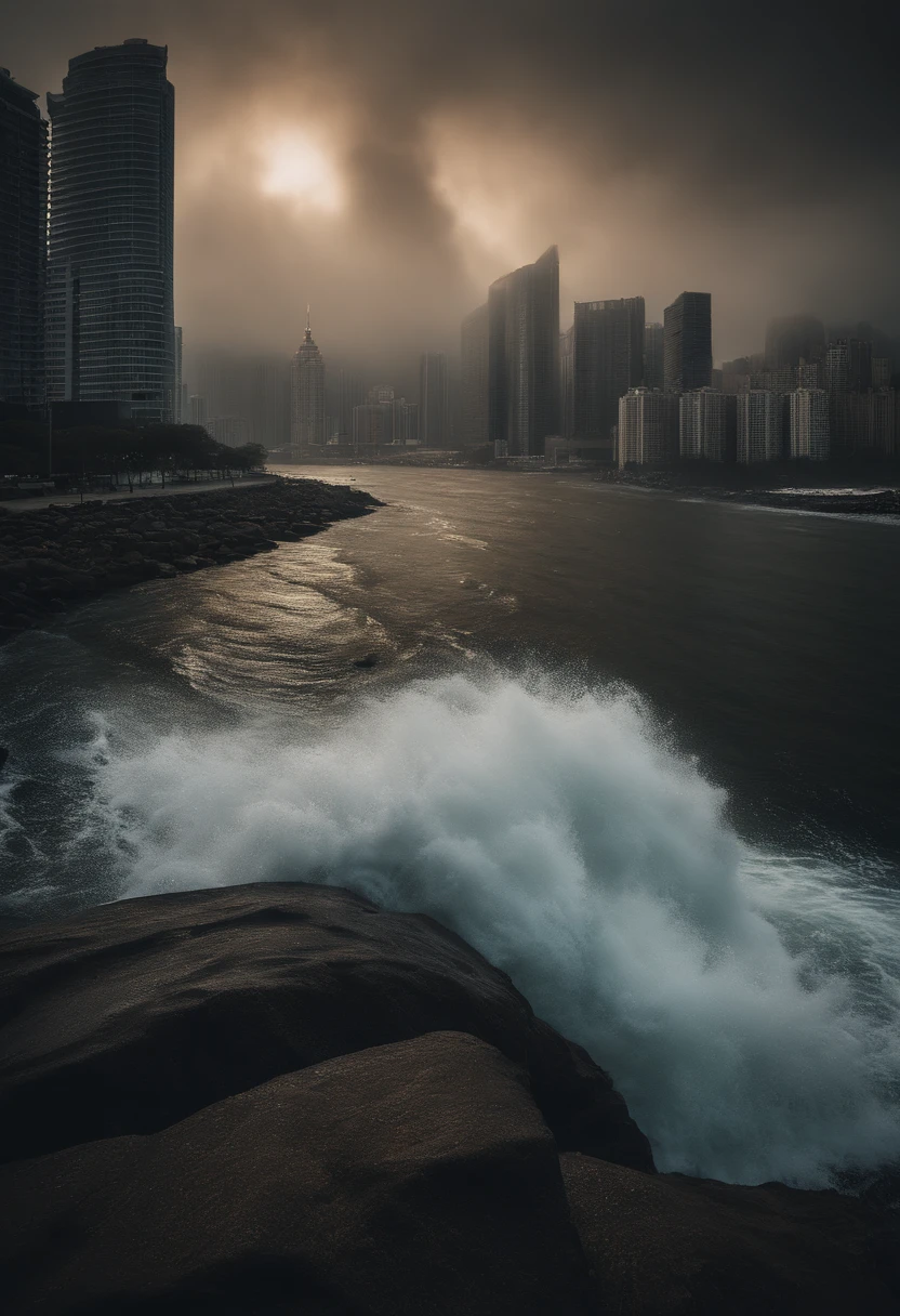 tidal waves，Armageddon，Greatwave，废墟，The run-down city creates a cinematic cityscape，A towering tsunami pounds the city's skyline. The lens should capture the absolute power and destructive power of the wave, The building in the foreground is partially submerged, debris flying, and the feeling that disaster is imminent. Long lens camera angle with EE 70mm lens on the Nikon D850, Aim for high resolution, Photorealistic rendering. Ensure that the scene is highly detailed, With HDR lighting, And convey a sense of urgency and confusion.