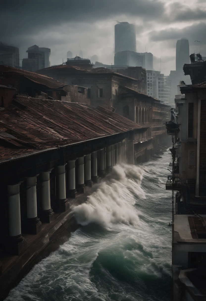 tidal waves，Armageddon，Greatwave，废墟，The run-down city creates a cinematic cityscape，A towering tsunami pounds the city's skyline. The lens should capture the absolute power and destructive power of the wave, The building in the foreground is partially submerged, debris flying, and the feeling that disaster is imminent. Long lens camera angle with EE 70mm lens on the Nikon D850, Aim for high resolution, Photorealistic rendering. Ensure that the scene is highly detailed, With HDR lighting, And convey a sense of urgency and confusion.