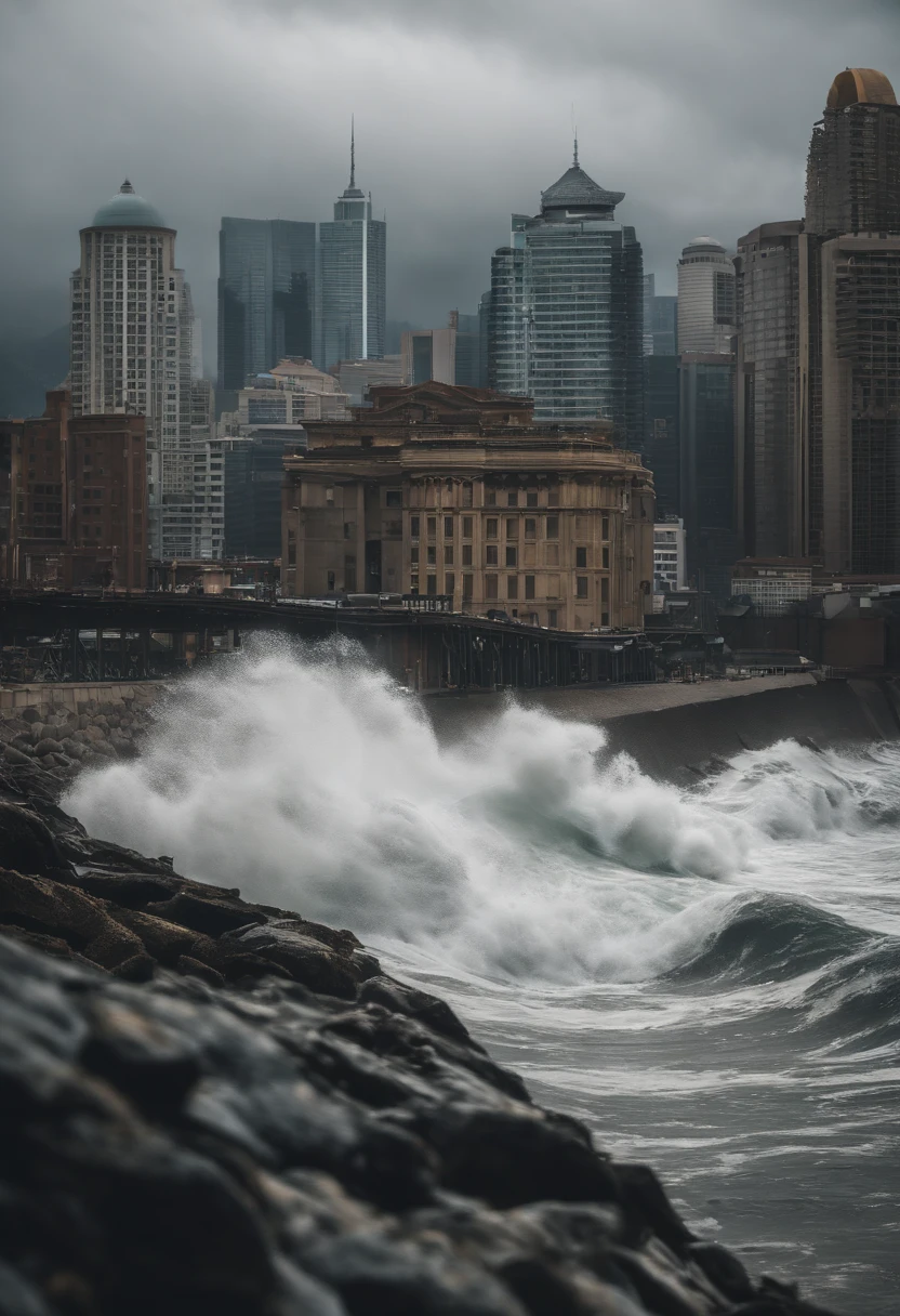 tidal waves,Armageddon,Greatwave,废墟,The run-down city creates a cinematic cityscape,A towering tsunami pounds the city's skyline. The lens should capture the absolute power and destructive power of the wave, The building in the foreground is partially submerged, debris flying, and the feeling that disaster is imminent. Long lens camera angle with EE 70mm lens on the Nikon D850, Aim for high resolution, Photorealistic rendering. Ensure that the scene is highly detailed, With HDR lighting, And convey a sense of urgency and confusion.
