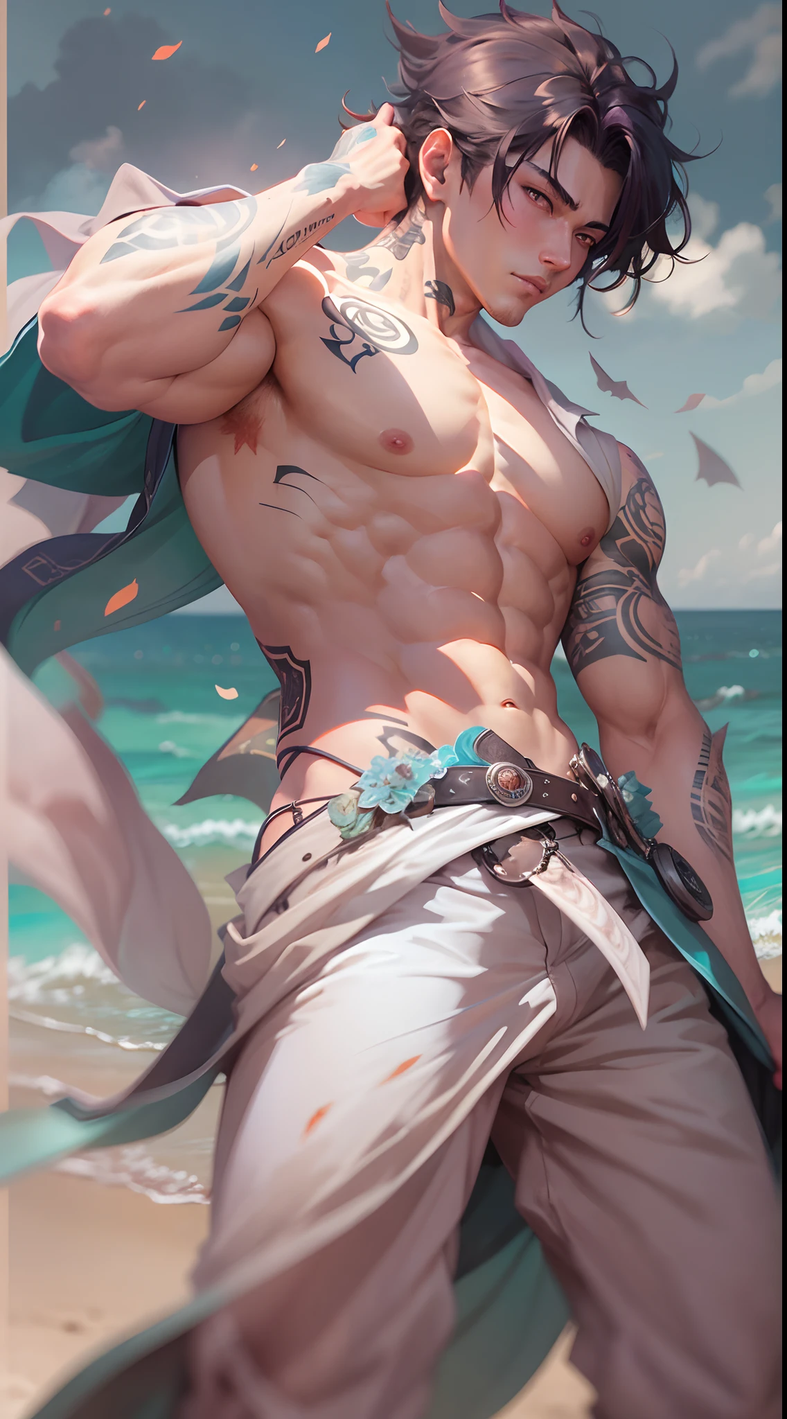 there is a man with tattoos on his arm standing on the beach, shirtless :: high detail, anime handsome man', shirtless, handsome anime pose, by Yang J, ross tran style, ross tran!!!, commission for high res, in the style of ross tran, by Li Zai, handsome guy in demon slayer art, fullbody commission for, made with anime painter studio